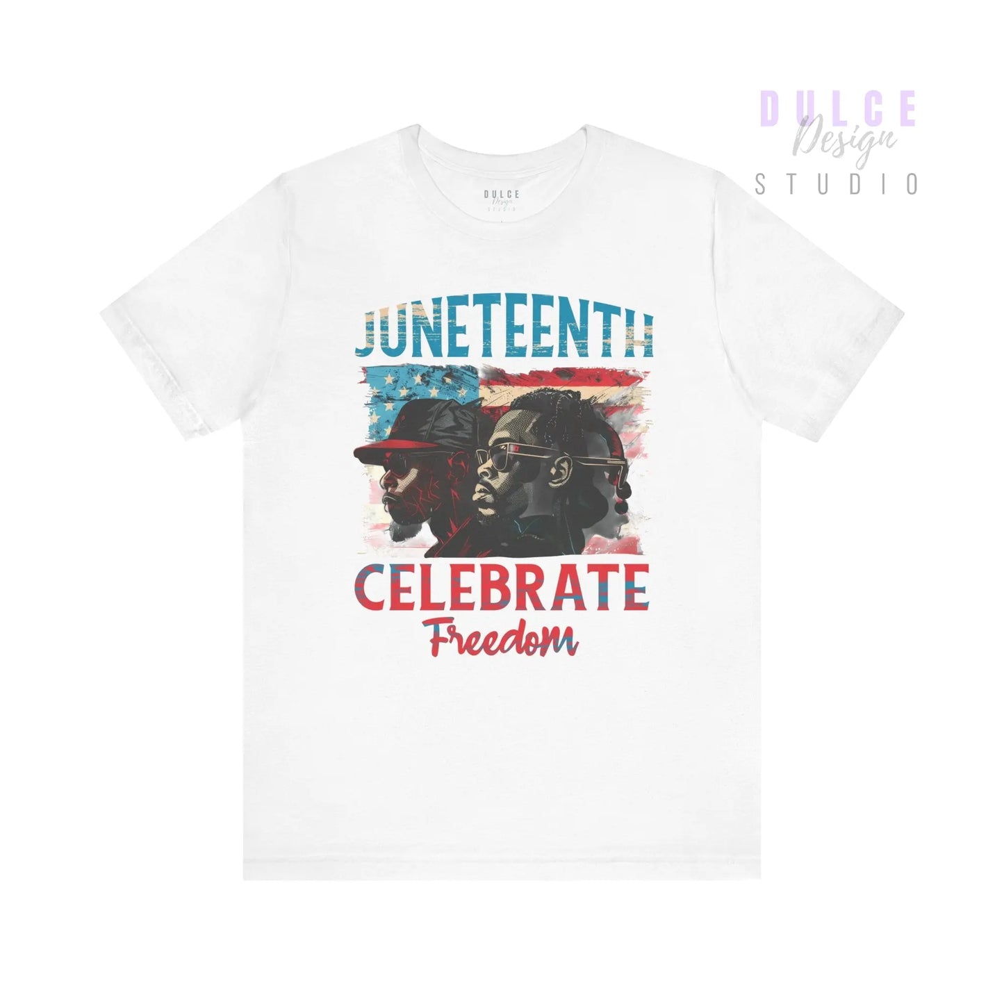 White t-shirt with 'Juneteenth Celebrate Freedom' text and graphic on a white background