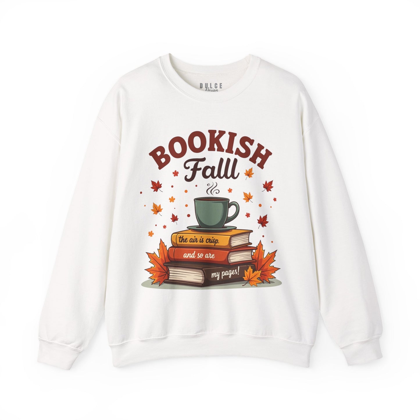 White sweatshirt with 'Bookish Fall' design featuring books, a cup, and autumn leaves on a white background.