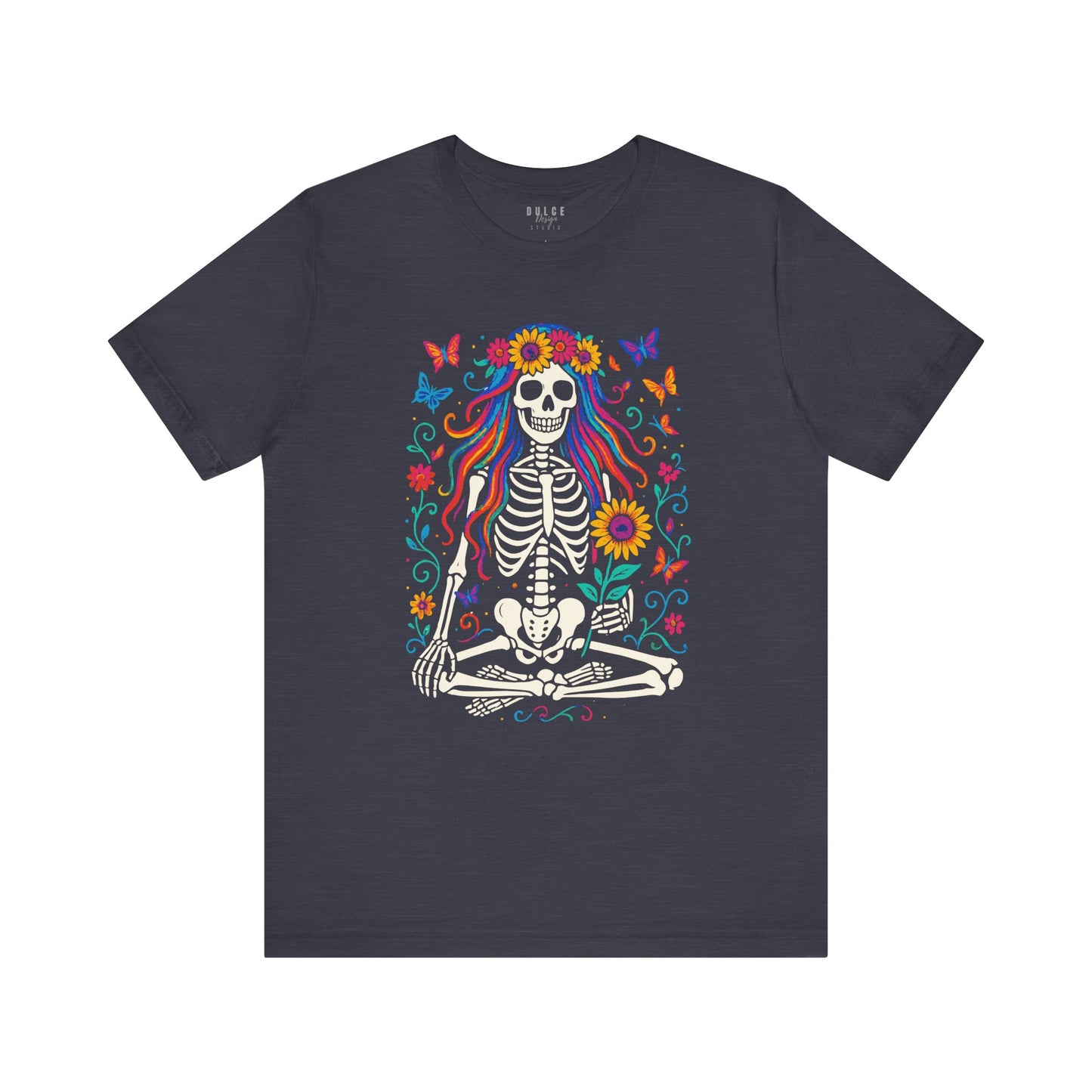 Meditating Skeleton with Rainbow Hair – Floral Boho Goth Tee - Dulce Design Studio