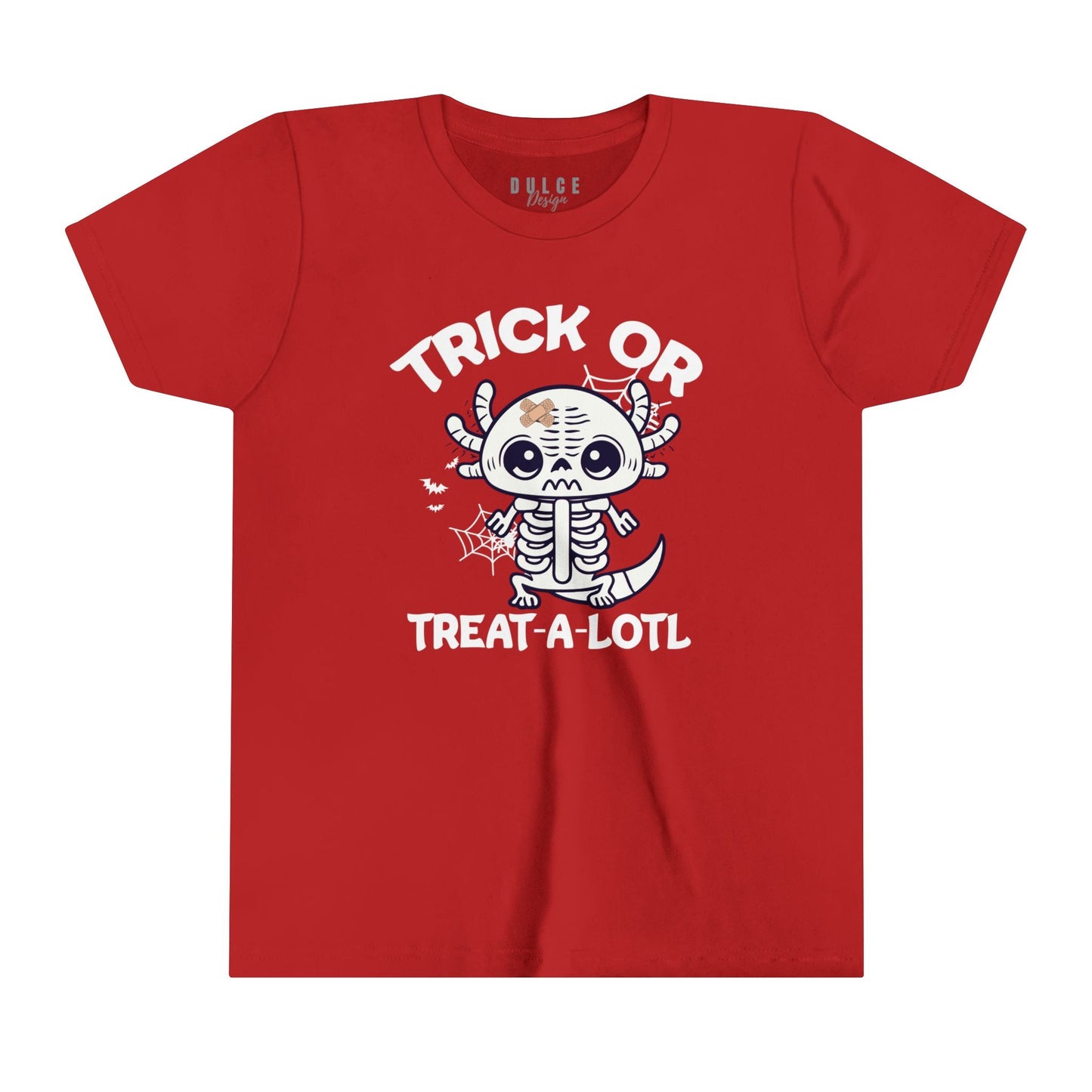 TRICK OR TREAT A-LOTL YOUTH UNISEX HALLOWEN TEE – CUTE AXOLOTL SKELETON SHIRT FOR KIDS- Red / XL- Dulce Design Studio