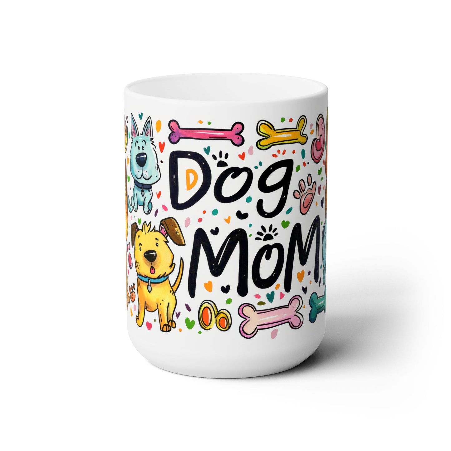 Dog Mom Mug – Cute 15oz Ceramic Coffee Cup with Colorful Cartoon Dogs- - Dulce Design Studio