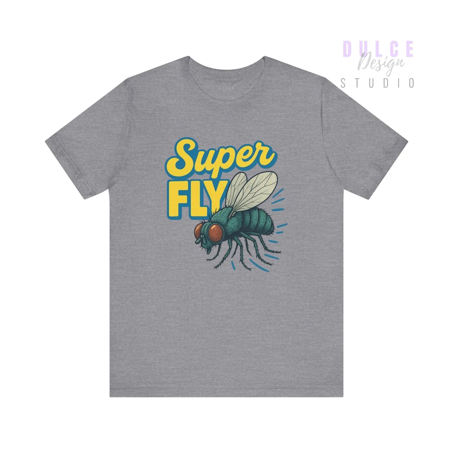 Gray t-shirt with 'Super Fly' graphic design on a white background