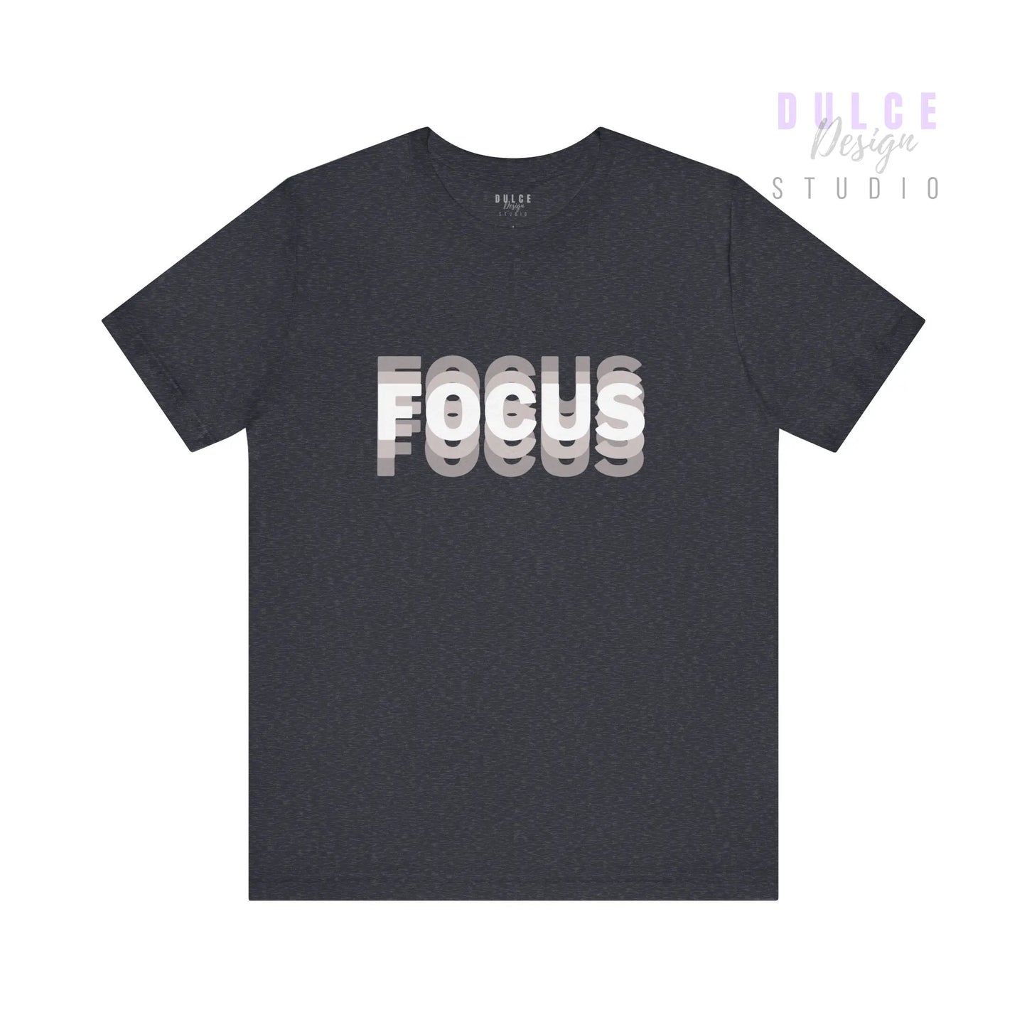 Black t-shirt with 'FOCUS' printed in white on a white background