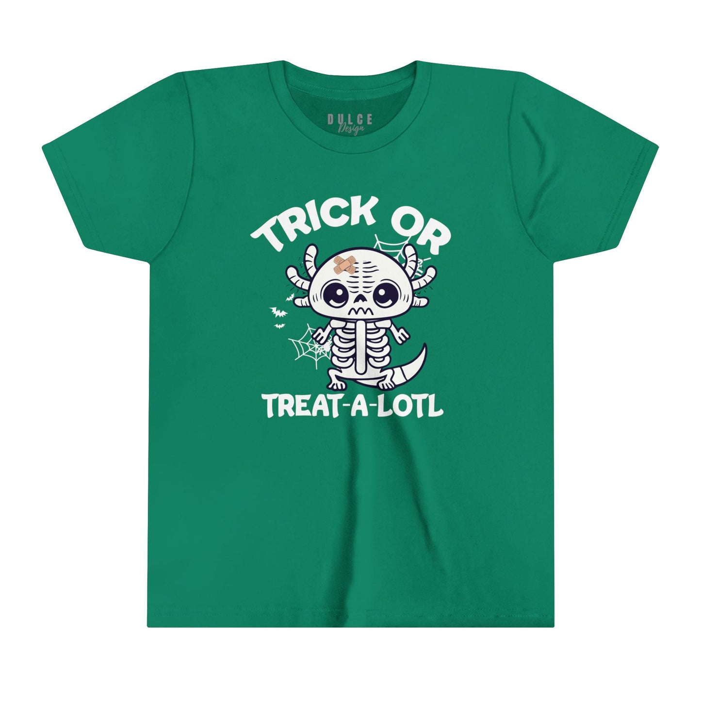 TRICK OR TREAT A-LOTL YOUTH UNISEX HALLOWEN TEE – CUTE AXOLOTL SKELETON SHIRT FOR KIDS- Kelly / XL- Dulce Design Studio