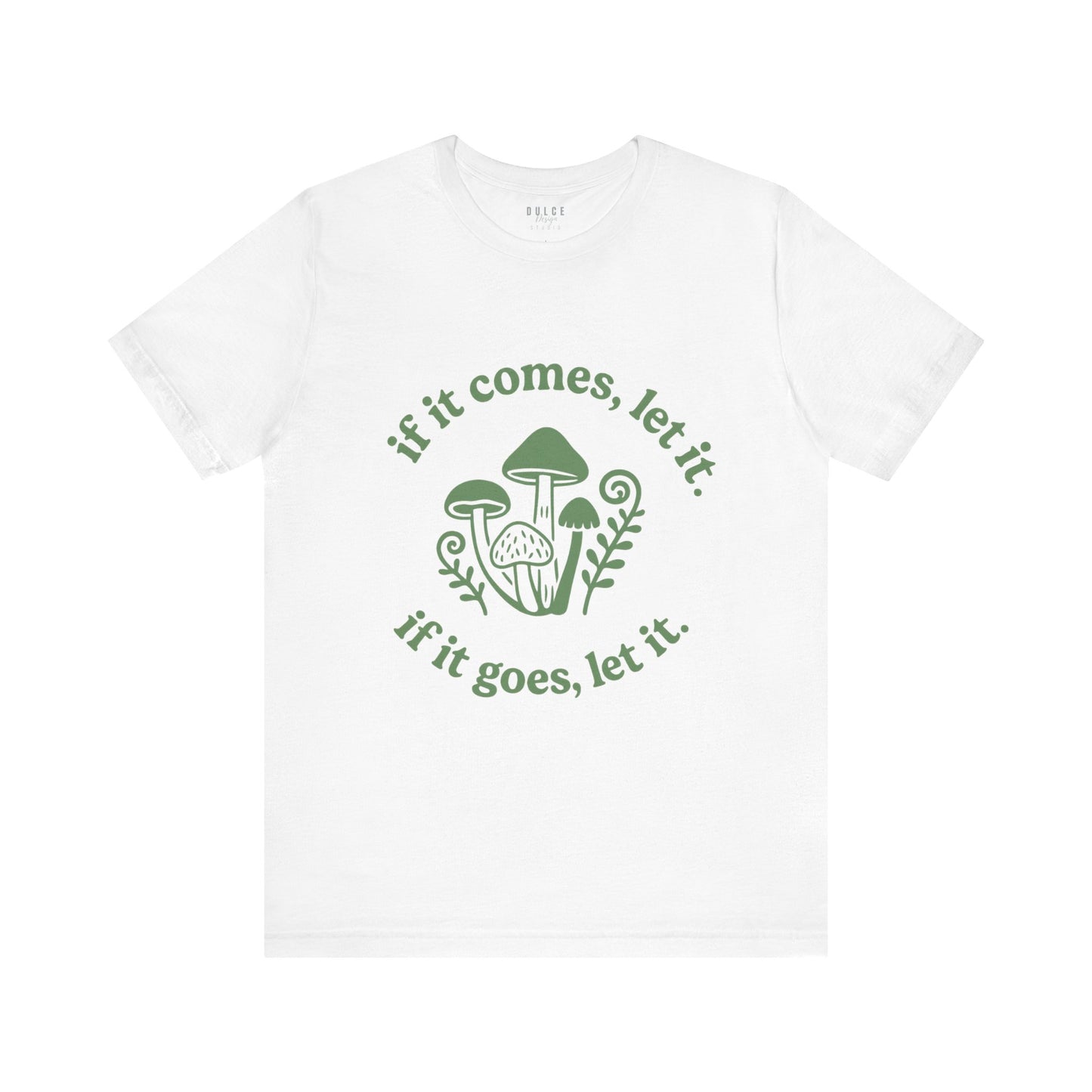 White t-shirt with green mushroom graphic and text on a white background