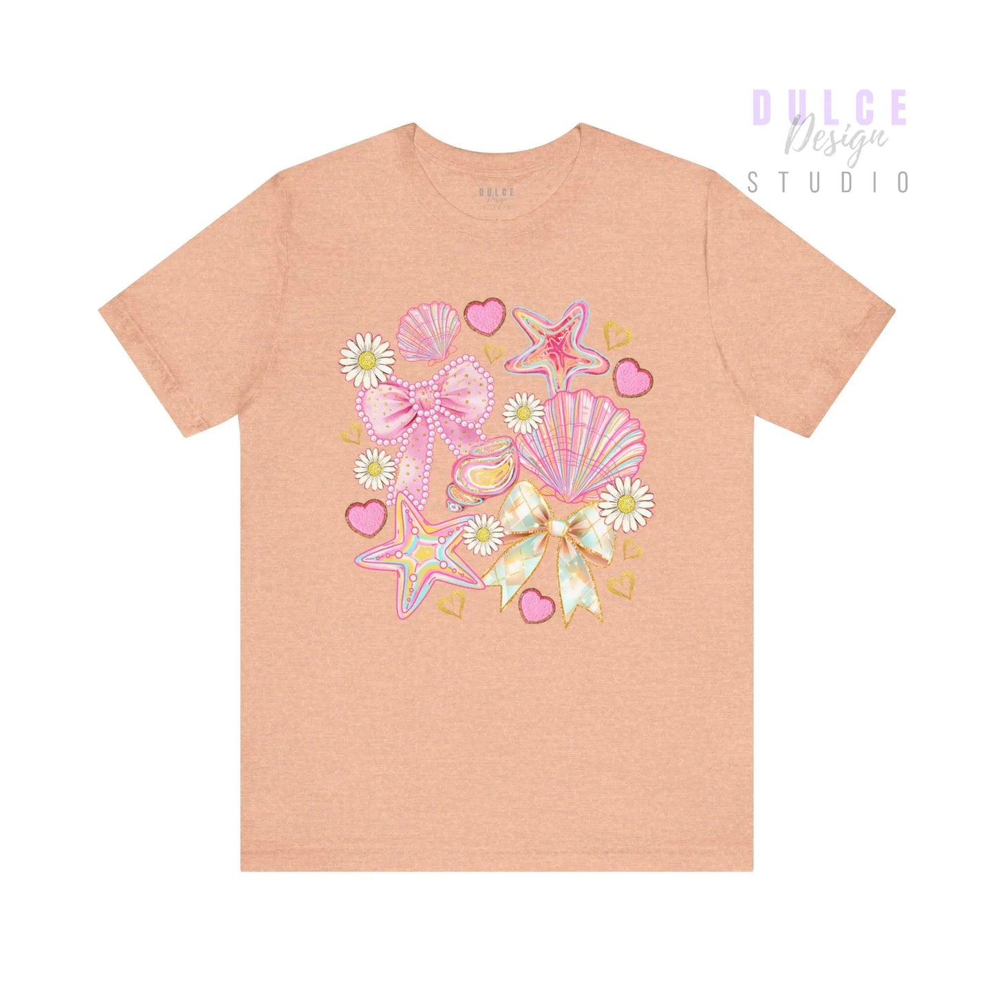 Girly Coastal Vibes – Pastel Shells, Bows & Daisies Tee - Dulce Design Studio