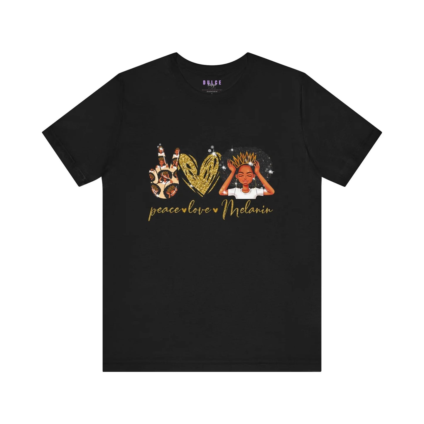black t-shirt with a graphic design that includes the words 'PEACE', 'LOVE', and 'MELANIN' on the front,