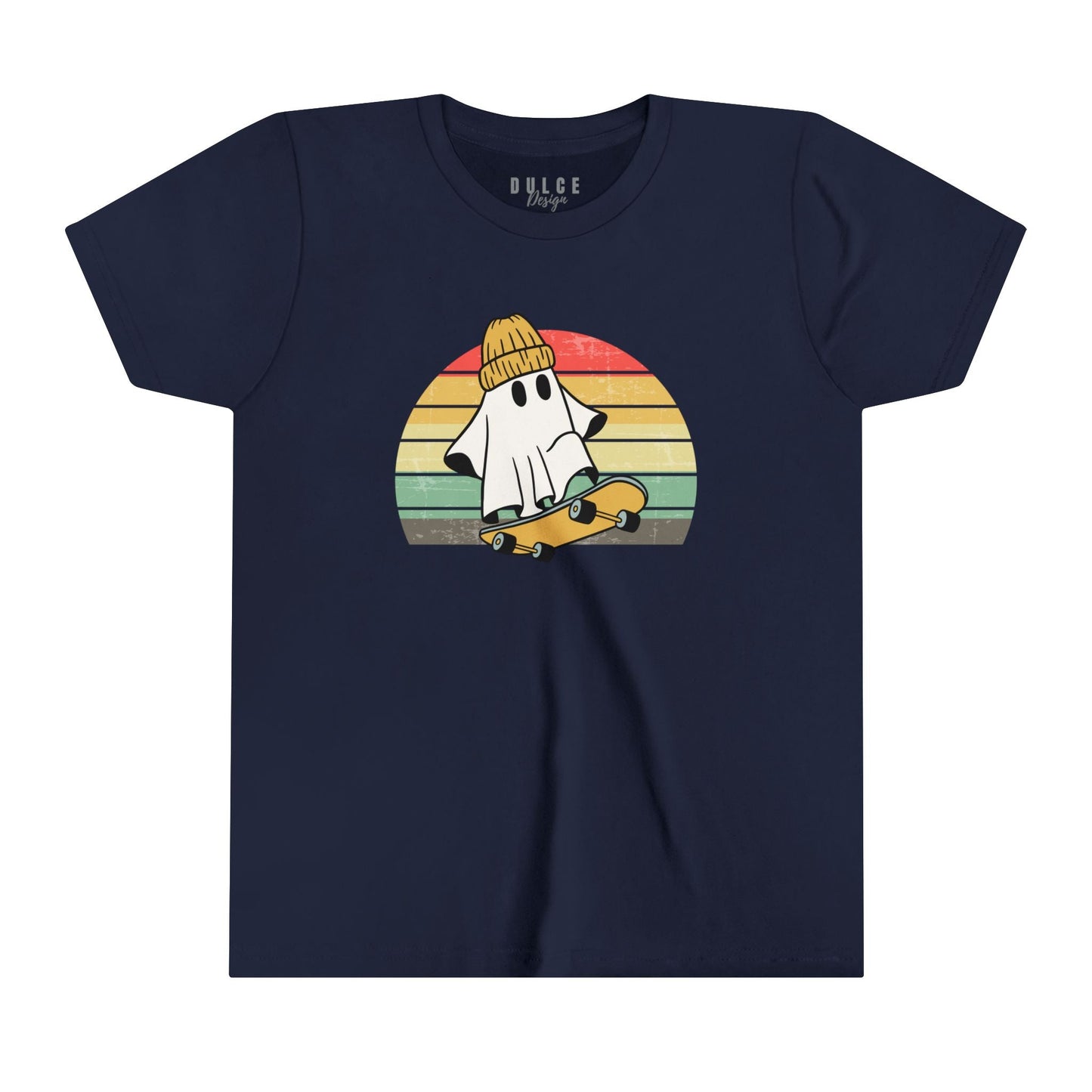 SKATEBOARDING GHOST HALLOWEEN UNISEX YOUTH TEE - COOL & SPOOKY T-SHIRT FOR KIDS- Navy / XL- Dulce Design Studio
