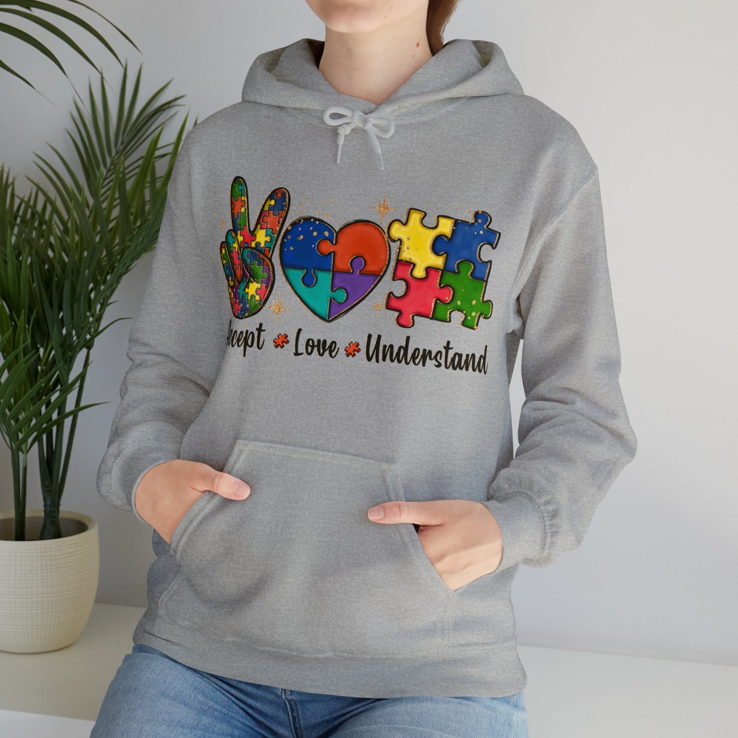 Peace Love Puzzle Hoodie – Inclusion & Advocacy Graphic- Sport Grey / 3XL- Dulce Design Studio