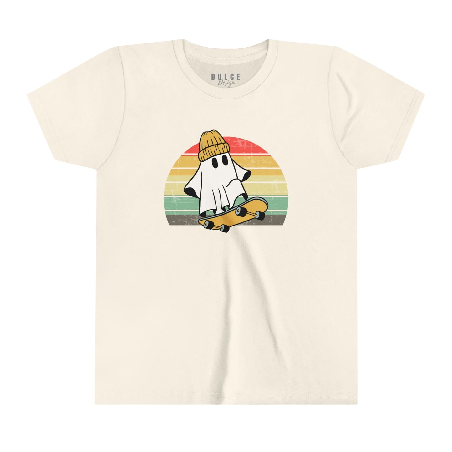 SKATEBOARDING GHOST HALLOWEEN UNISEX YOUTH TEE - COOL & SPOOKY T-SHIRT FOR KIDS- Natural / XL- Dulce Design Studio
