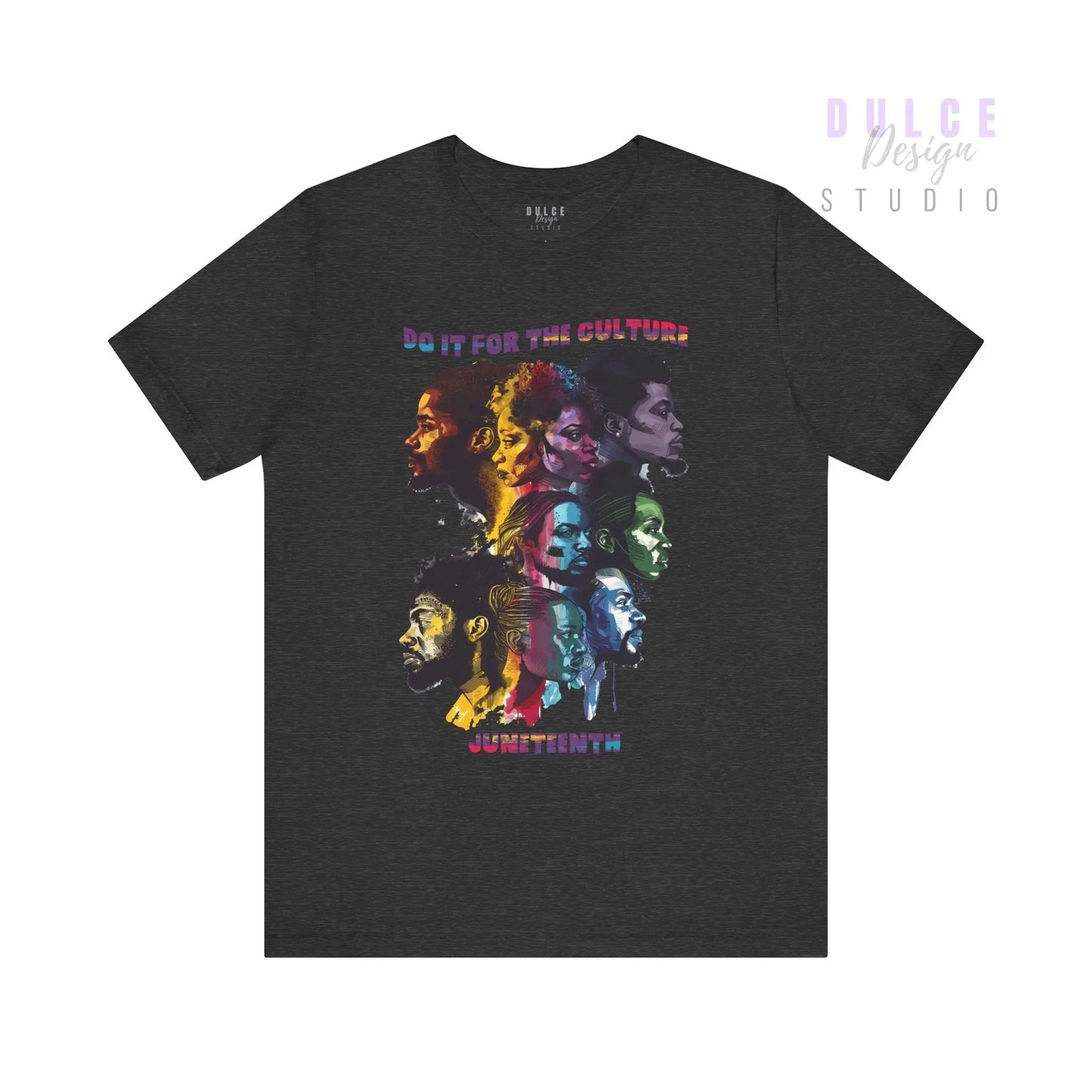 Black t-shirt with colorful graphic design and text on a white background