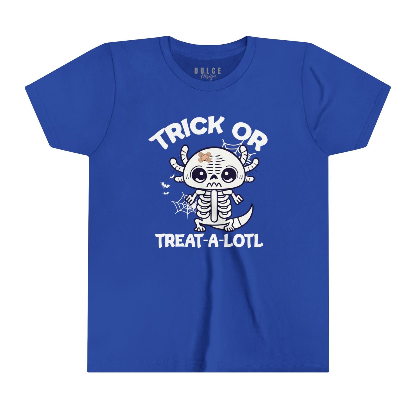 TRICK OR TREAT A-LOTL YOUTH UNISEX HALLOWEN TEE – CUTE AXOLOTL SKELETON SHIRT FOR KIDS- True Royal / XL- Dulce Design Studio