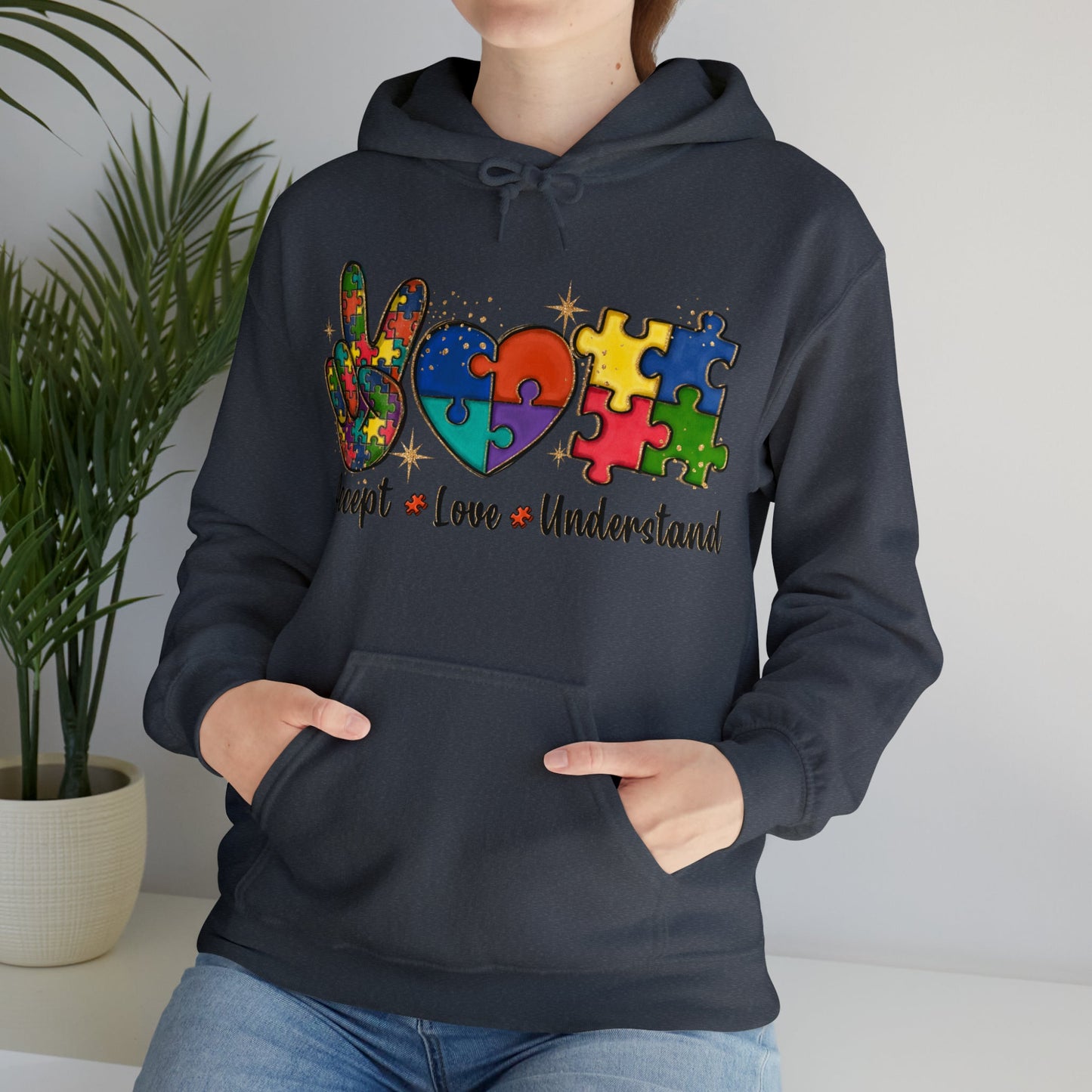Peace Love Puzzle Hoodie – Inclusion & Advocacy Graphic- Heather Navy / 3XL- Dulce Design Studio