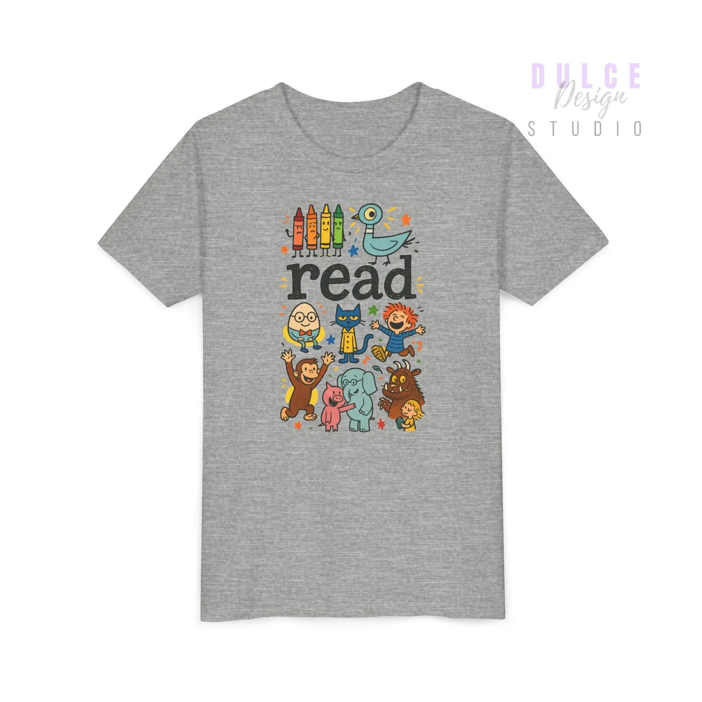 Heather grey kids t-shirt with colorful ‘read’ text surrounded by storybook characters like crayons, pigeon, monkey, and elephant