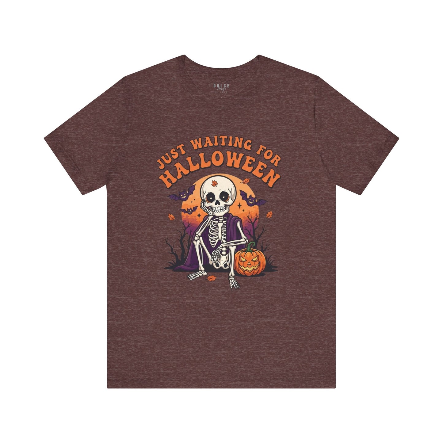 Halloween T-Shirt – Just Waiting for Halloween Skeleton Tee- Heather Maroon / 3XL- Dulce Design Studio