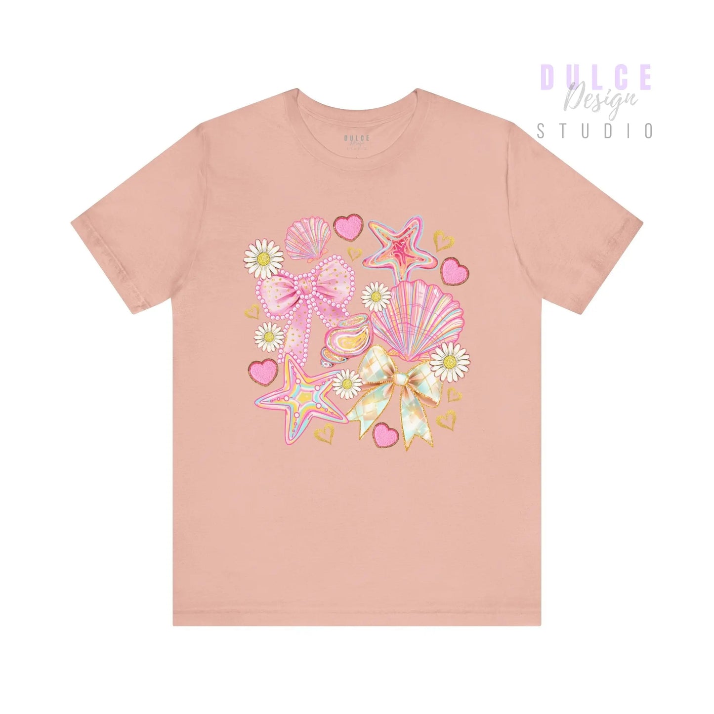 Girly Coastal Vibes – Pastel Shells, Bows & Daisies Tee - Dulce Design Studio