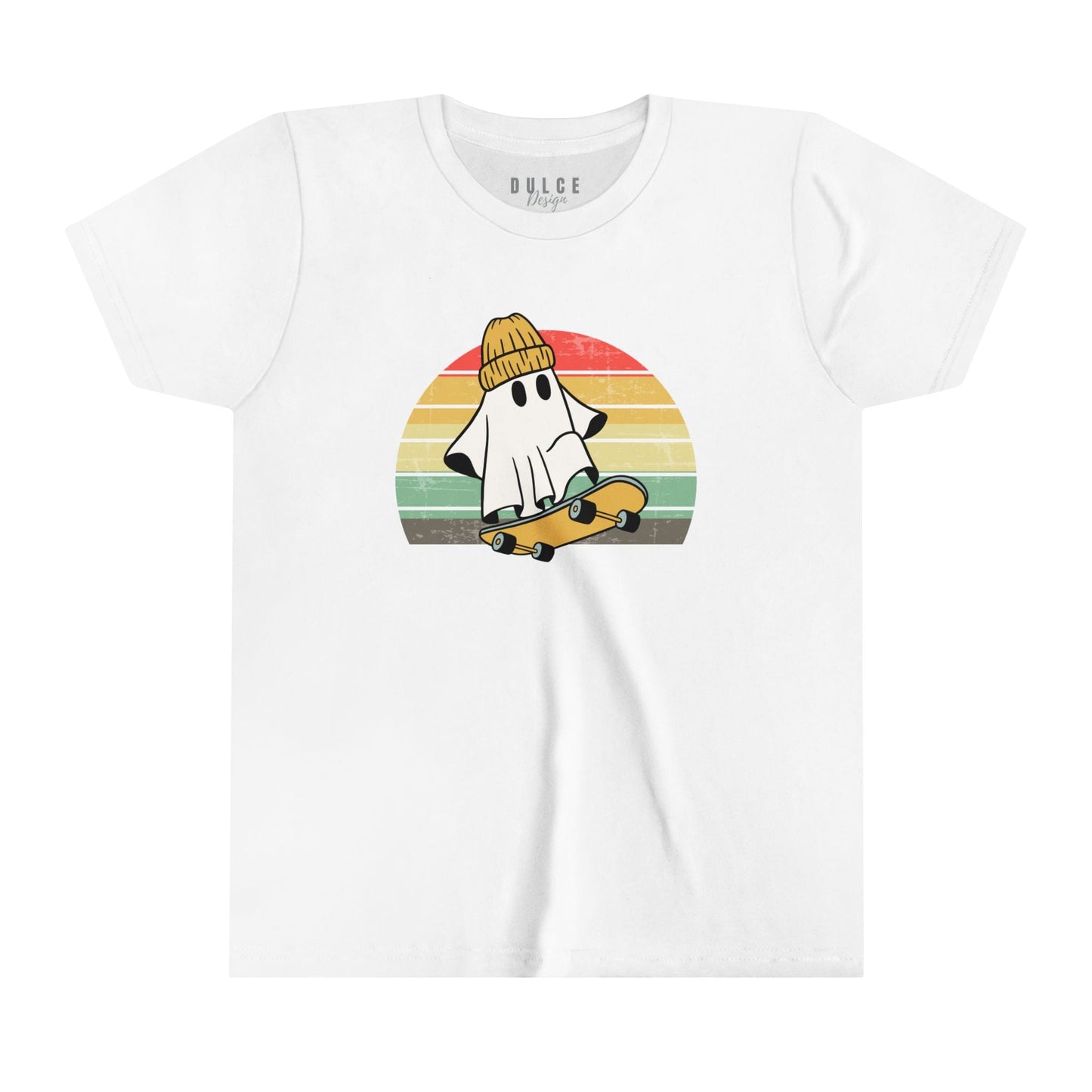 SKATEBOARDING GHOST HALLOWEEN UNISEX YOUTH TEE - COOL & SPOOKY T-SHIRT FOR KIDS- White / XL- Dulce Design Studio