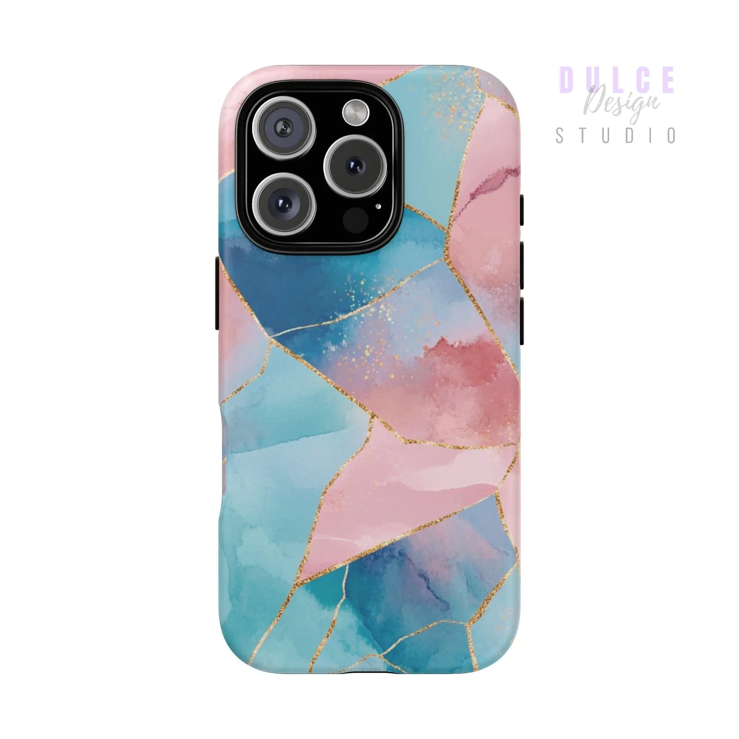 Artistic protective case with soft pink, teal, and gold design