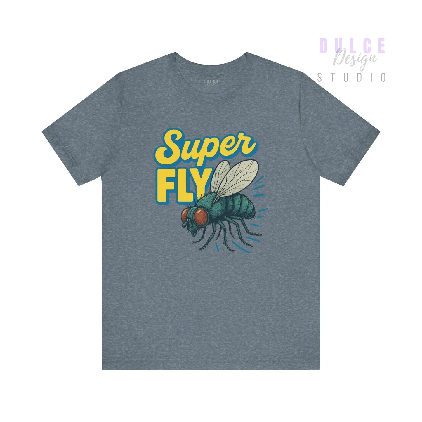 Gray t-shirt with 'Super Fly' graphic design on a white background