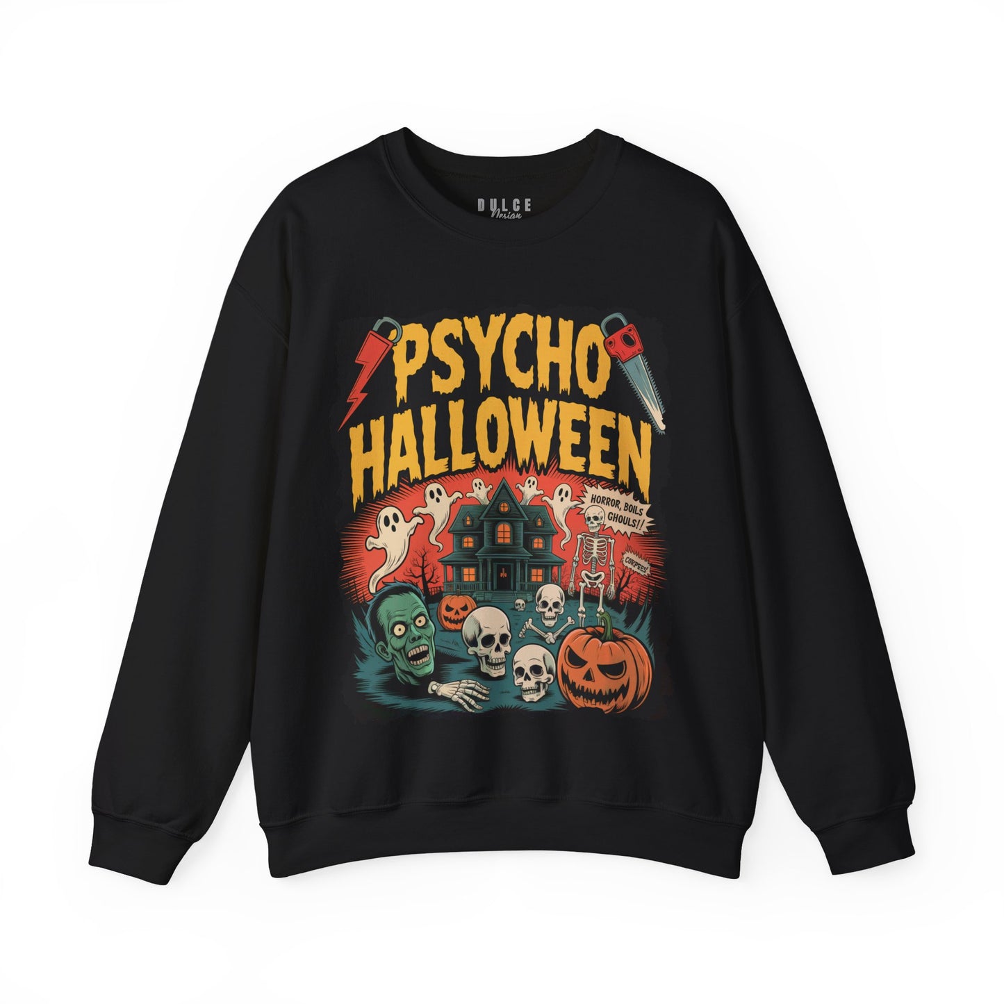 Black sweatshirt with 'Psycho Halloween' graphic design
