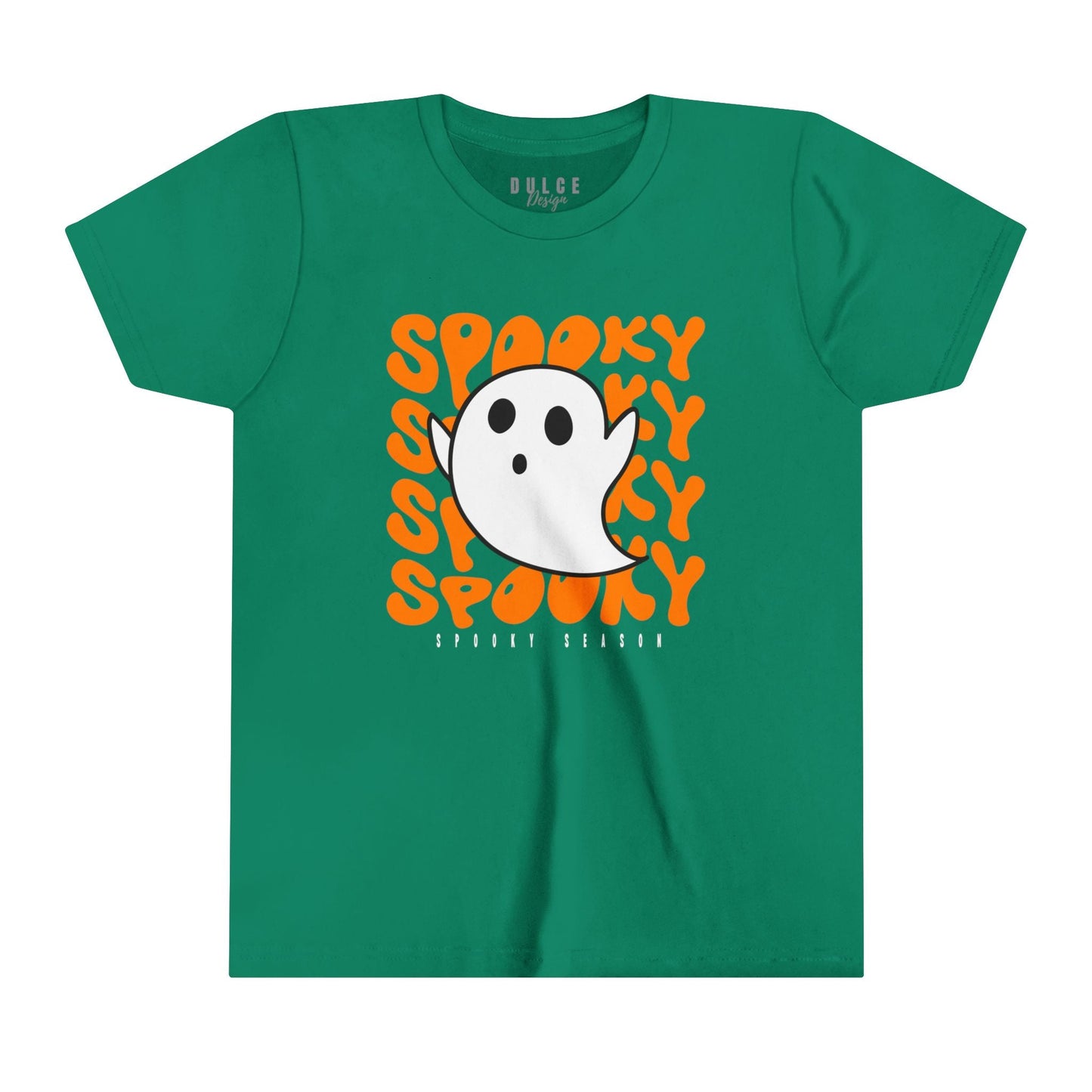 SPOOKY SEASON UNISEX YOUTH T-SHIRT - FUN FESTIVE HALLOWEEN GHOST TEE FOR KIDS- Kelly / XL- Dulce Design Studio