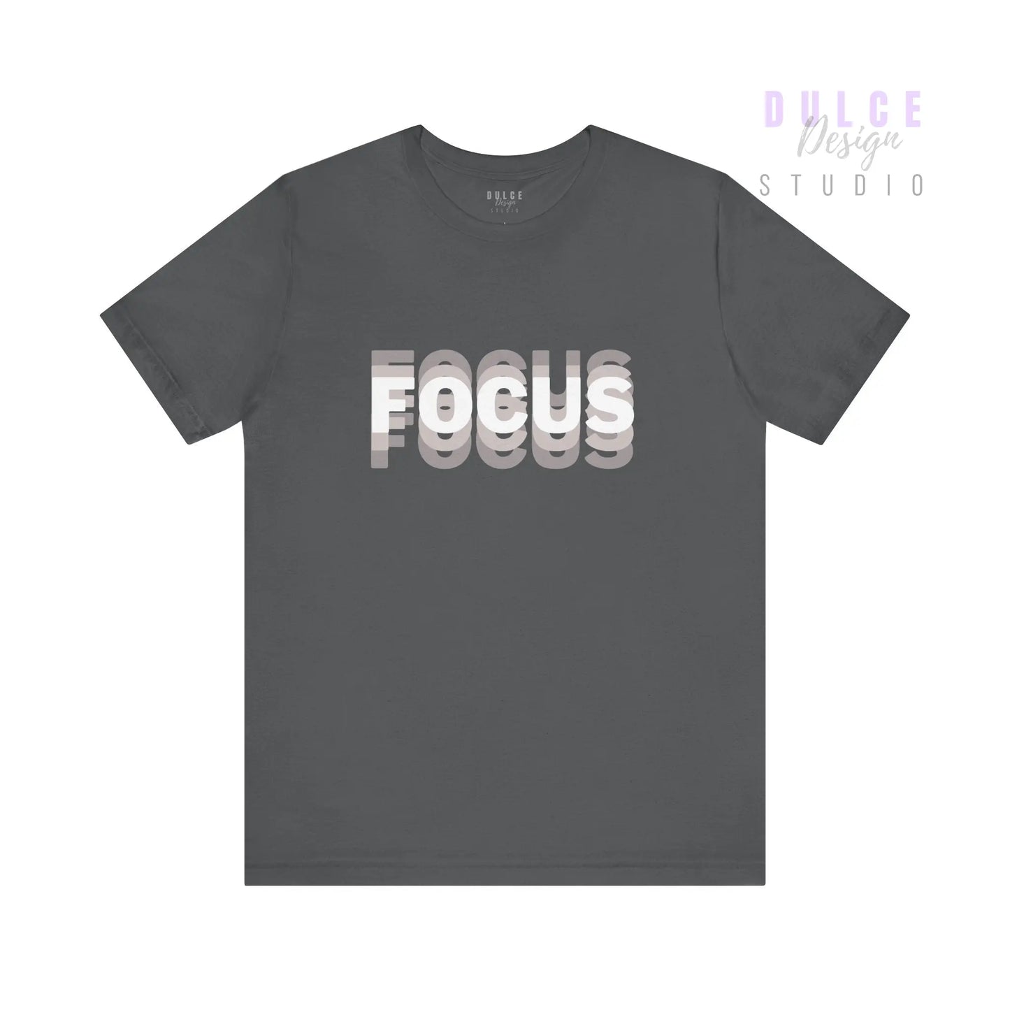 Gray t-shirt with 'FOCUS' text on a white background