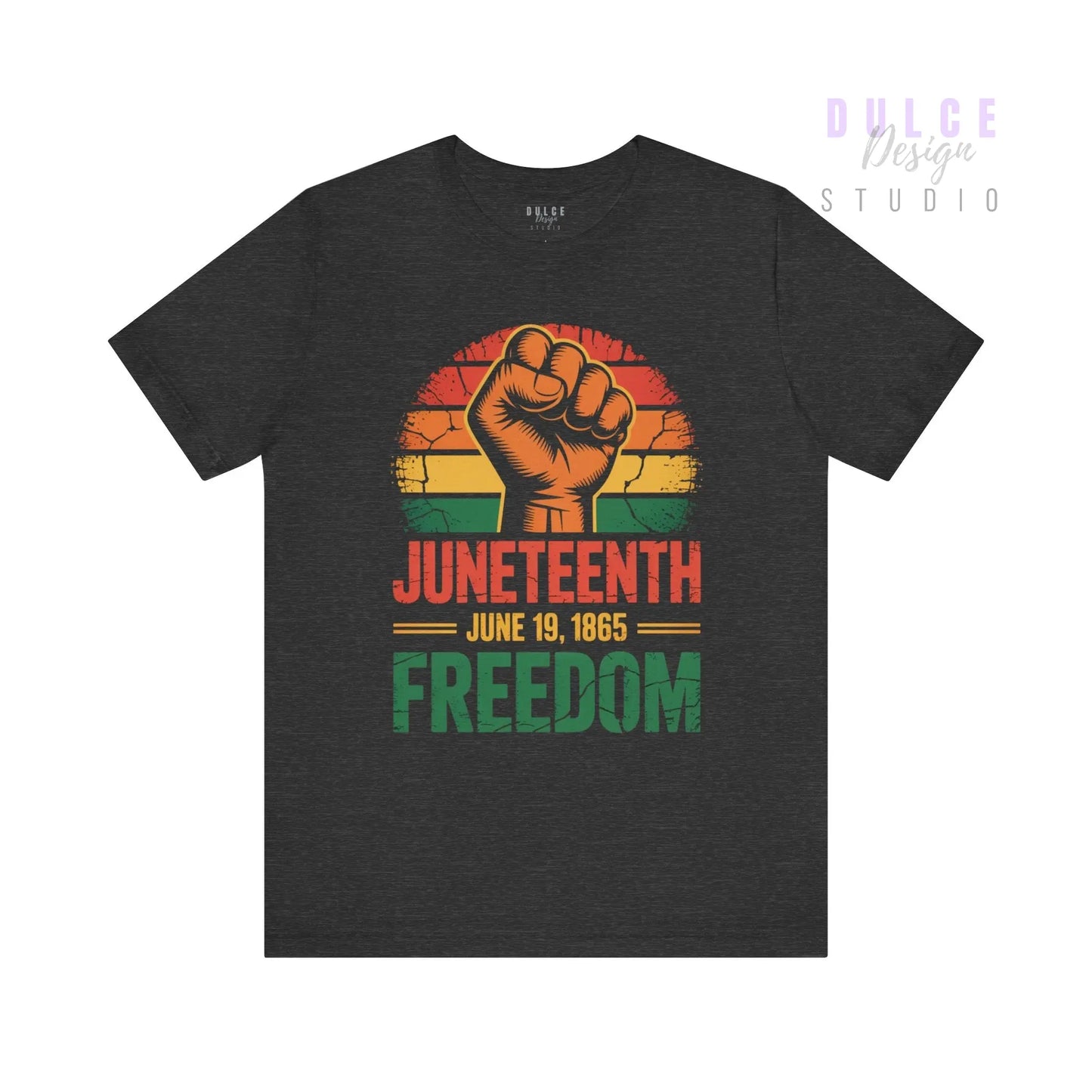 Black t-shirt with Juneteenth design featuring a raised fist and text on a white background