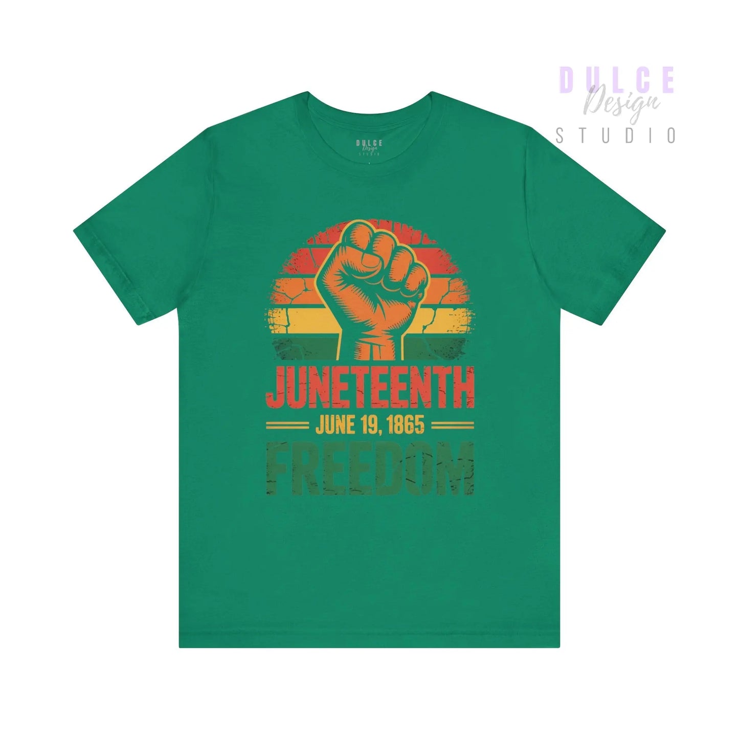Green t-shirt with 'Juneteenth June 19, 1865 Freedom' design on a white background