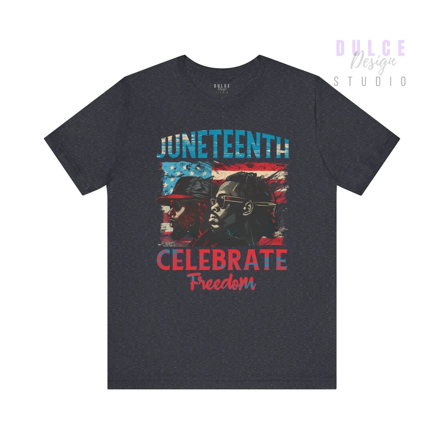 Black t-shirt with 'Juneteenth Celebrate Freedom' graphic design on a white background