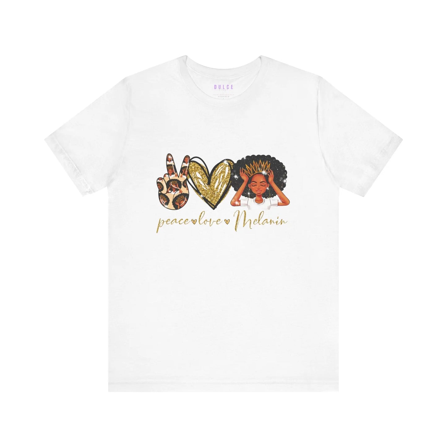 white t-shirt with a graphic design that includes the words 'PEACE', 'LOVE', and 'MELANIN' on the front