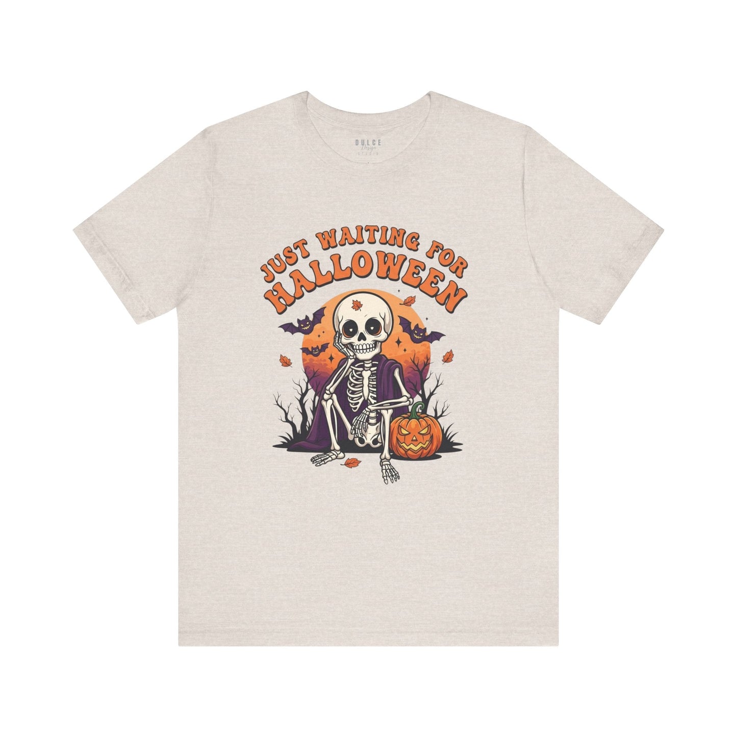 Halloween T-Shirt – Just Waiting for Halloween Skeleton Tee- Heather Dust / 3XL- Dulce Design Studio