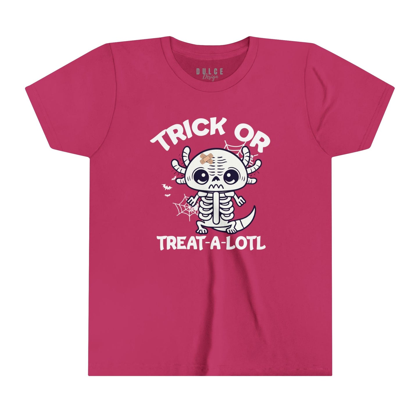 TRICK OR TREAT A-LOTL YOUTH UNISEX HALLOWEN TEE – CUTE AXOLOTL SKELETON SHIRT FOR KIDS- Berry / XL- Dulce Design Studio