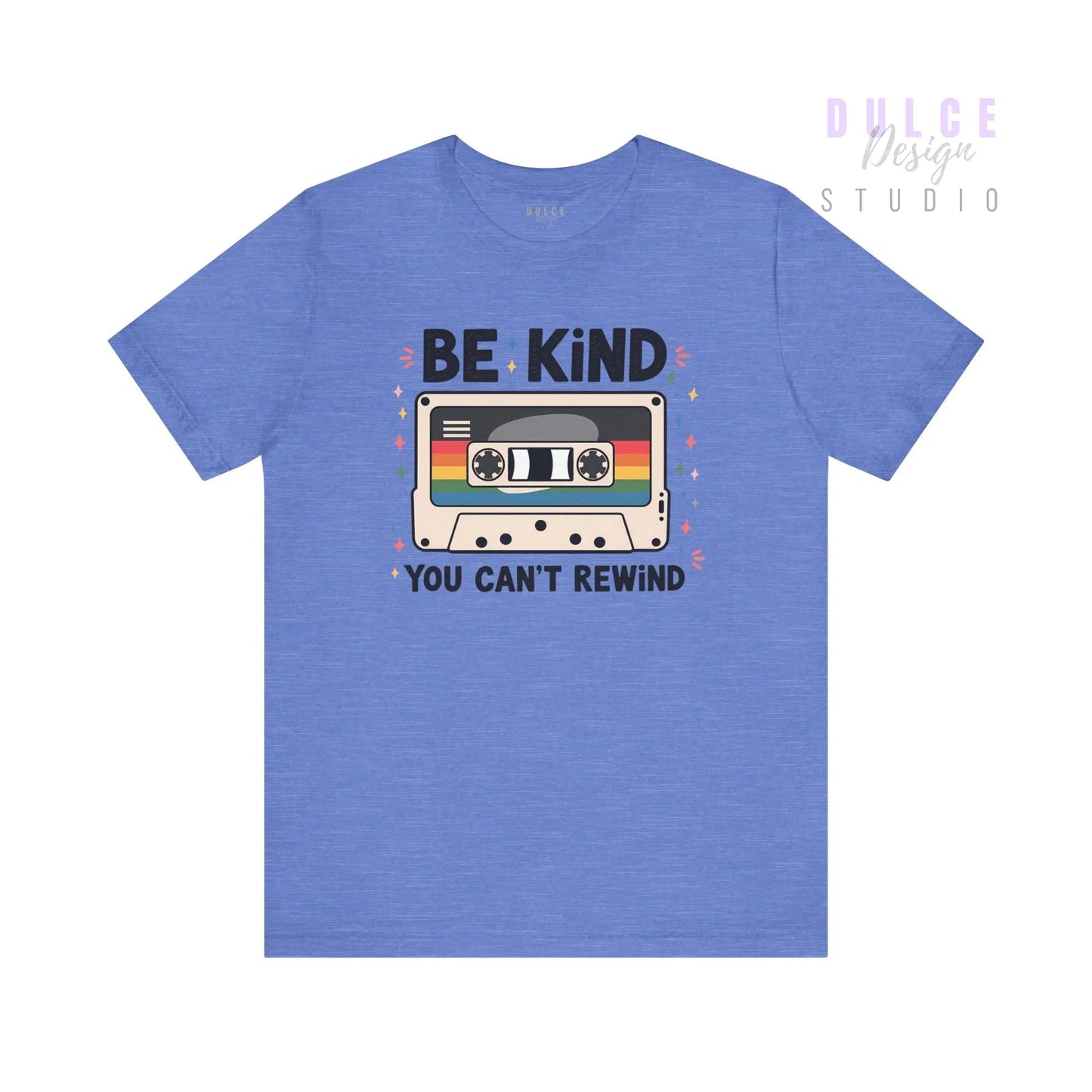 Blue t-shirt with a cassette tape graphic and text on a white background