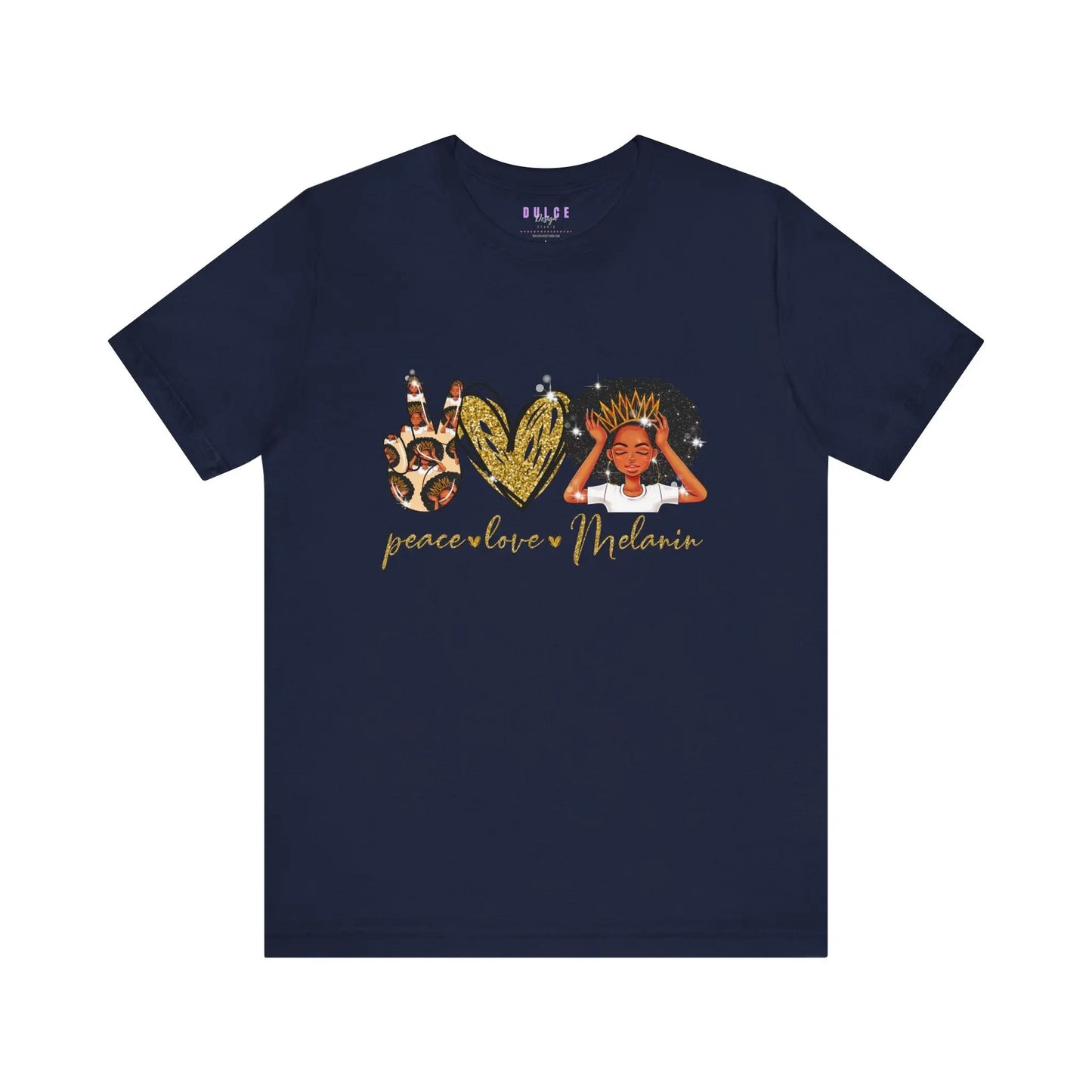 navy t-shirt with a graphic design that includes the words 'PEACE', 'LOVE', and 'MELANIN' on the front,