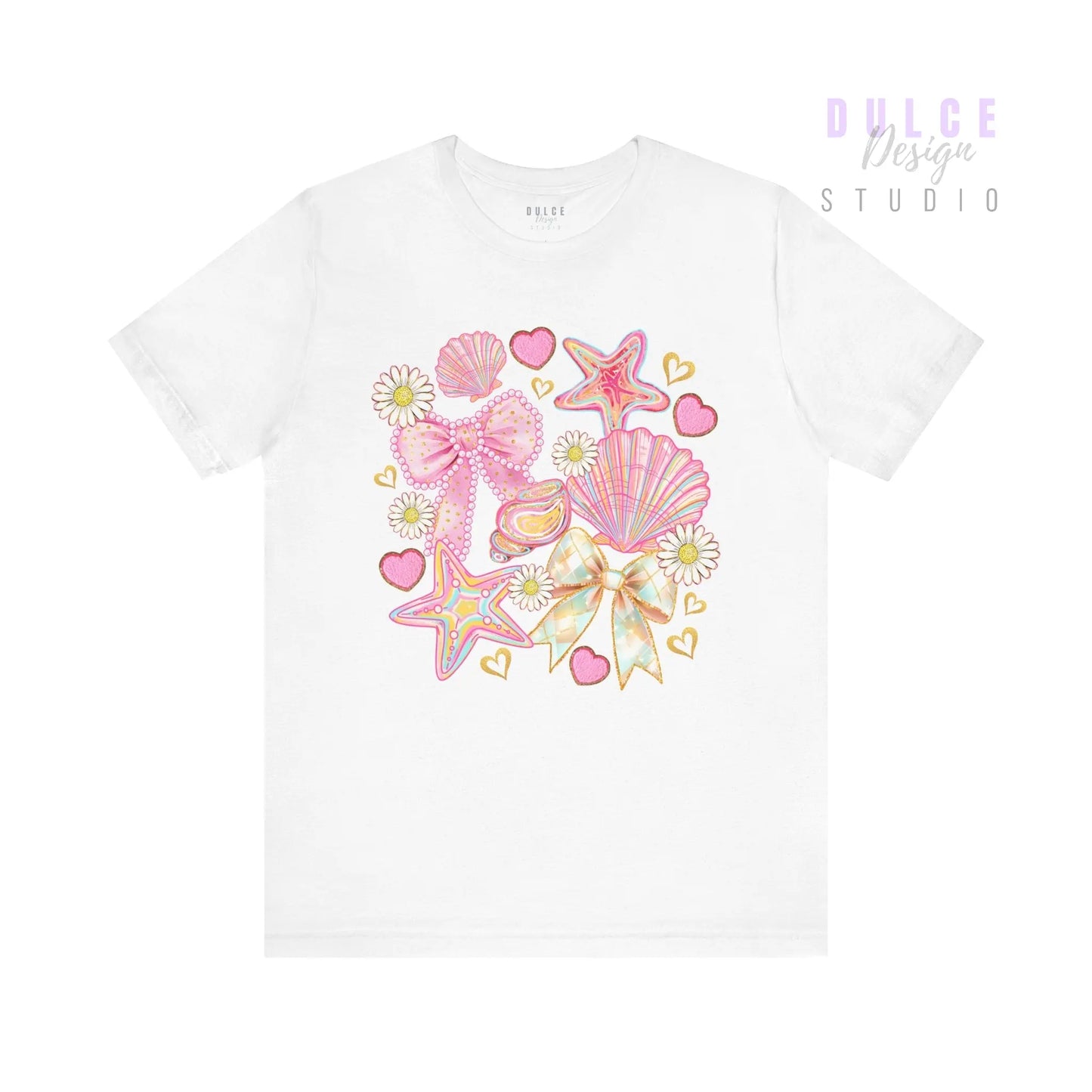 Girly Coastal Vibes – Pastel Shells, Bows & Daisies Tee - Dulce Design Studio