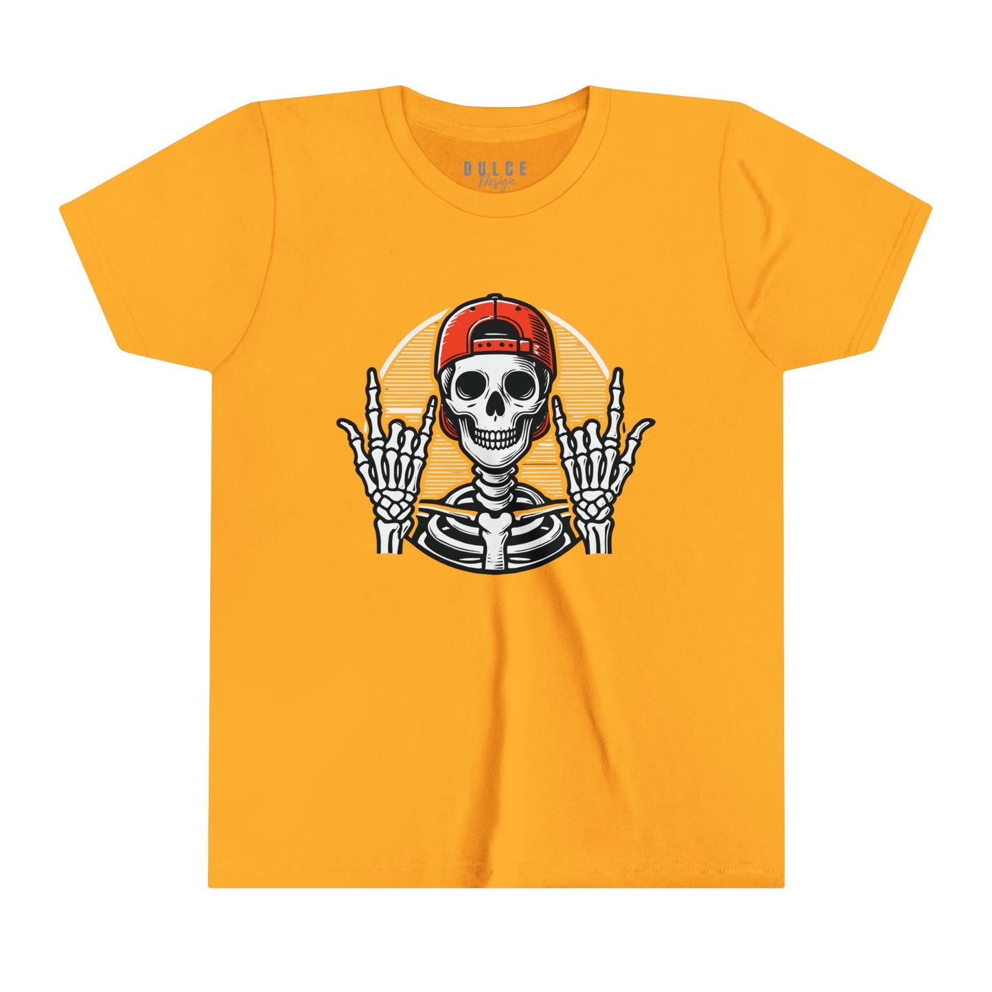 ROCKER SKELETON HALLOWEEN UNISEX TEE - COOL & EDGY SKELETON SHIRT FOR KIDS- Gold / XL- Dulce Design Studio