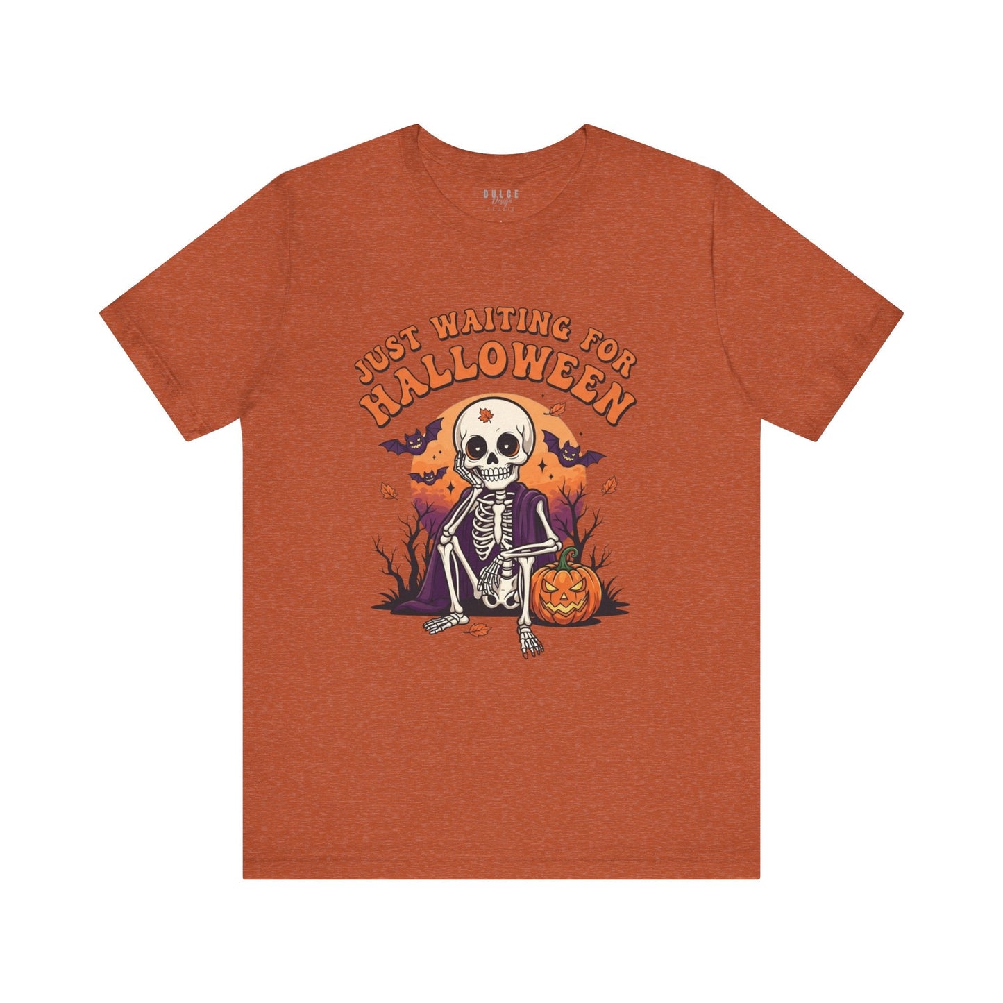 Halloween T-Shirt – Just Waiting for Halloween Skeleton Tee- Heather Autumn / 3XL- Dulce Design Studio
