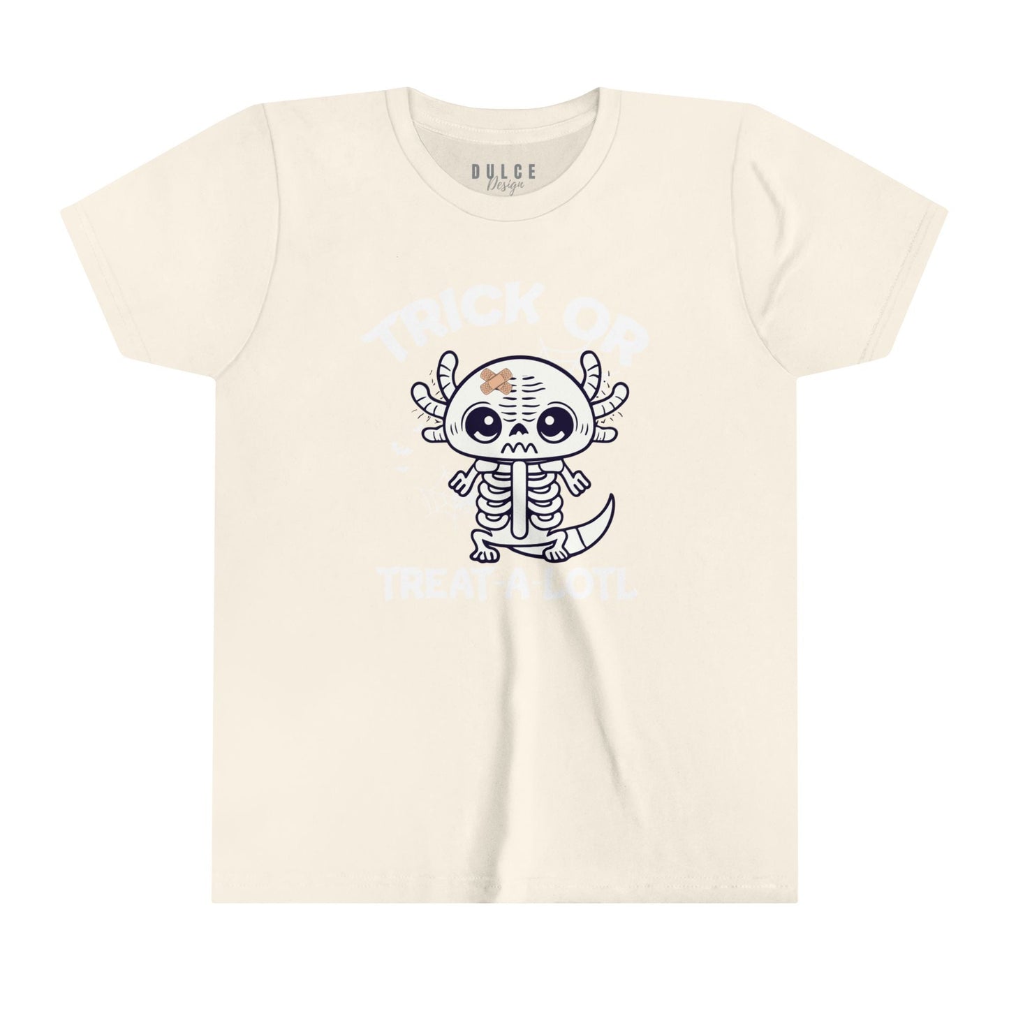 TRICK OR TREAT A-LOTL YOUTH UNISEX HALLOWEN TEE – CUTE AXOLOTL SKELETON SHIRT FOR KIDS- Natural / XL- Dulce Design Studio