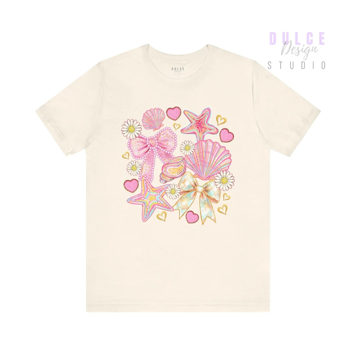 Girly Coastal Vibes – Pastel Shells, Bows & Daisies Tee - Dulce Design Studio