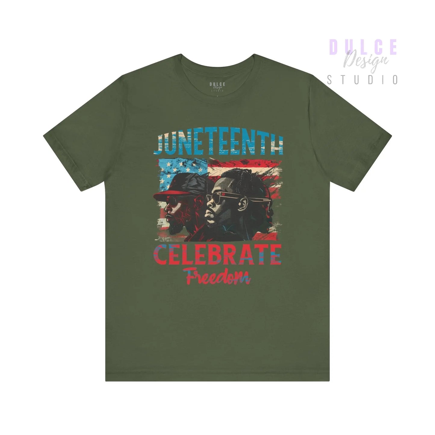 Green t-shirt with 'Juneteenth Celebrate Freedom' graphic on a white background