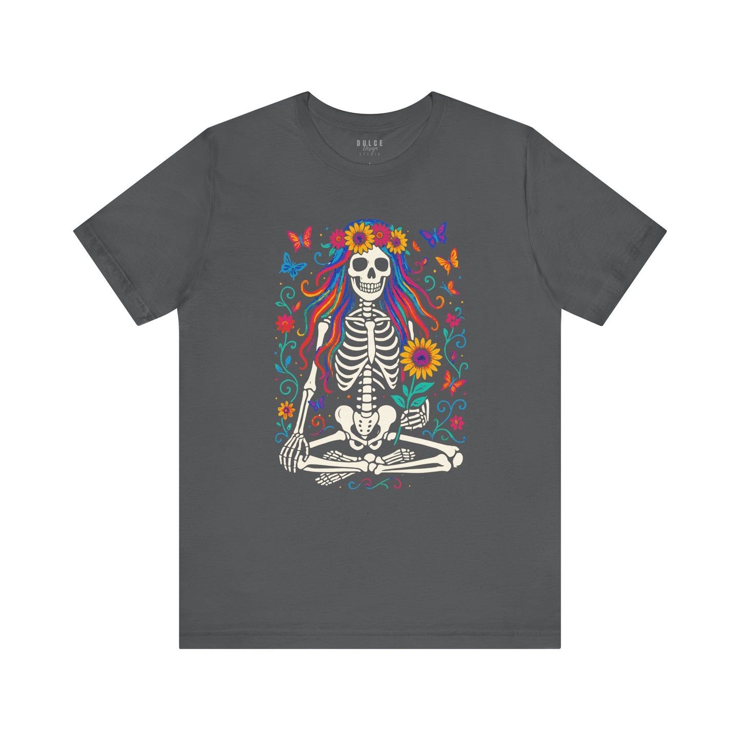 Meditating Skeleton with Rainbow Hair – Floral Boho Goth Tee - Dulce Design Studio