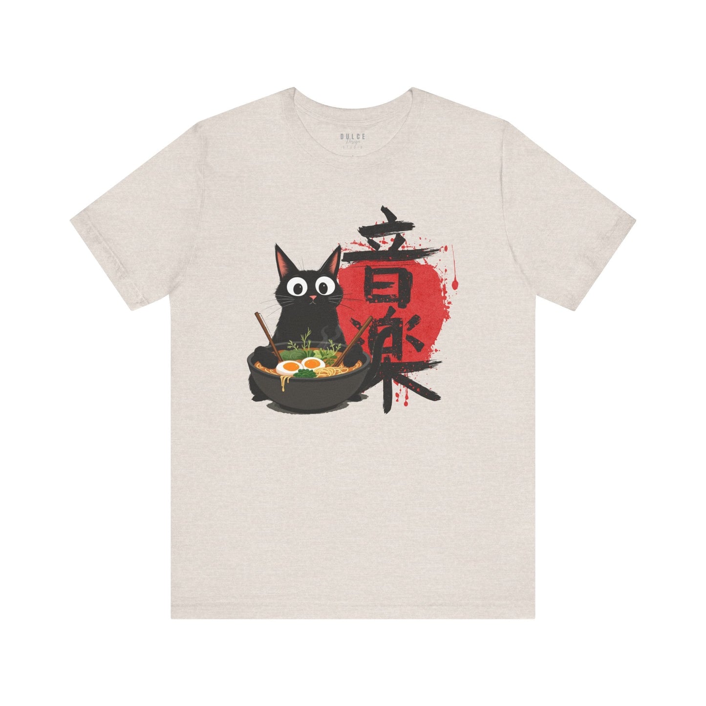 Ramen Cat Tee – Noodle Bowl Kitty Shirt- Heather Dust / 3XL- Dulce Design Studio