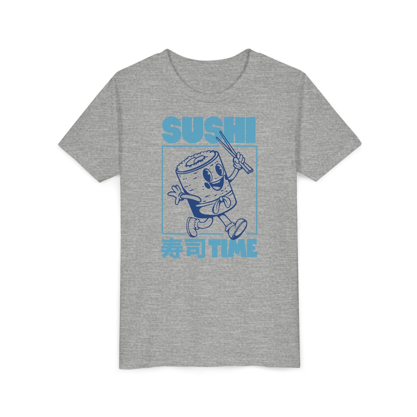 Retro blue sushi roll character graphic with Japanese text on a kids tee