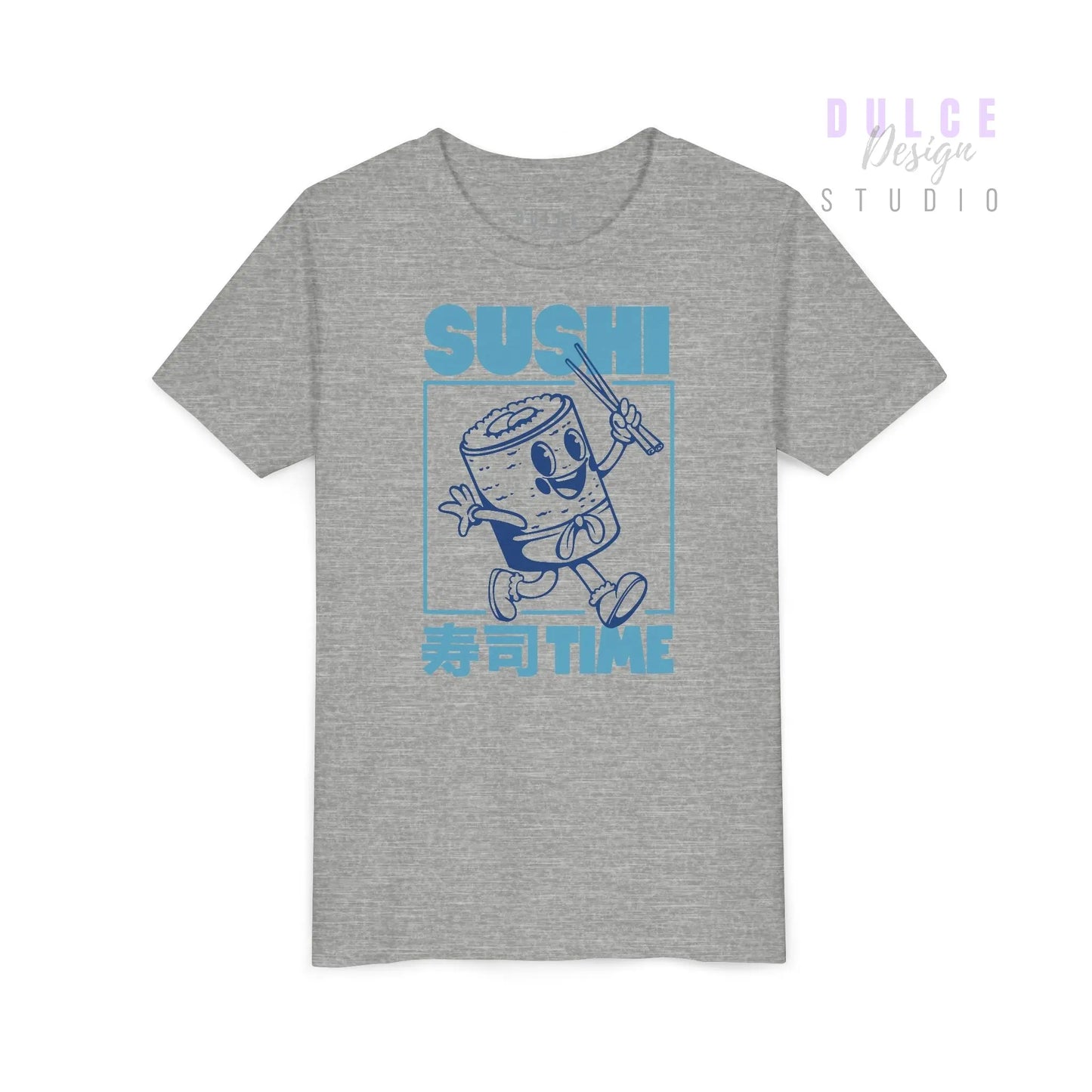 Retro blue sushi roll character graphic with Japanese text on a kids tee