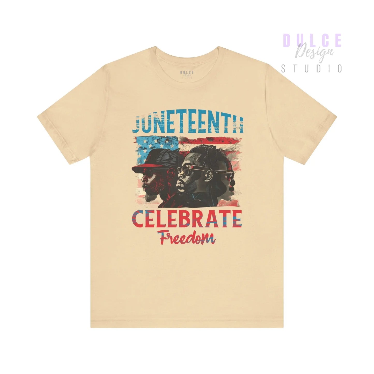 Beige t-shirt with 'Juneteenth Celebrate Freedom' graphic on a white background