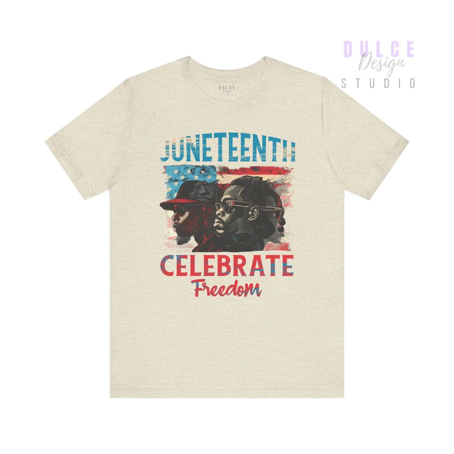 Beige t-shirt with 'Juneteenth Celebrate Freedom' graphic on a white background