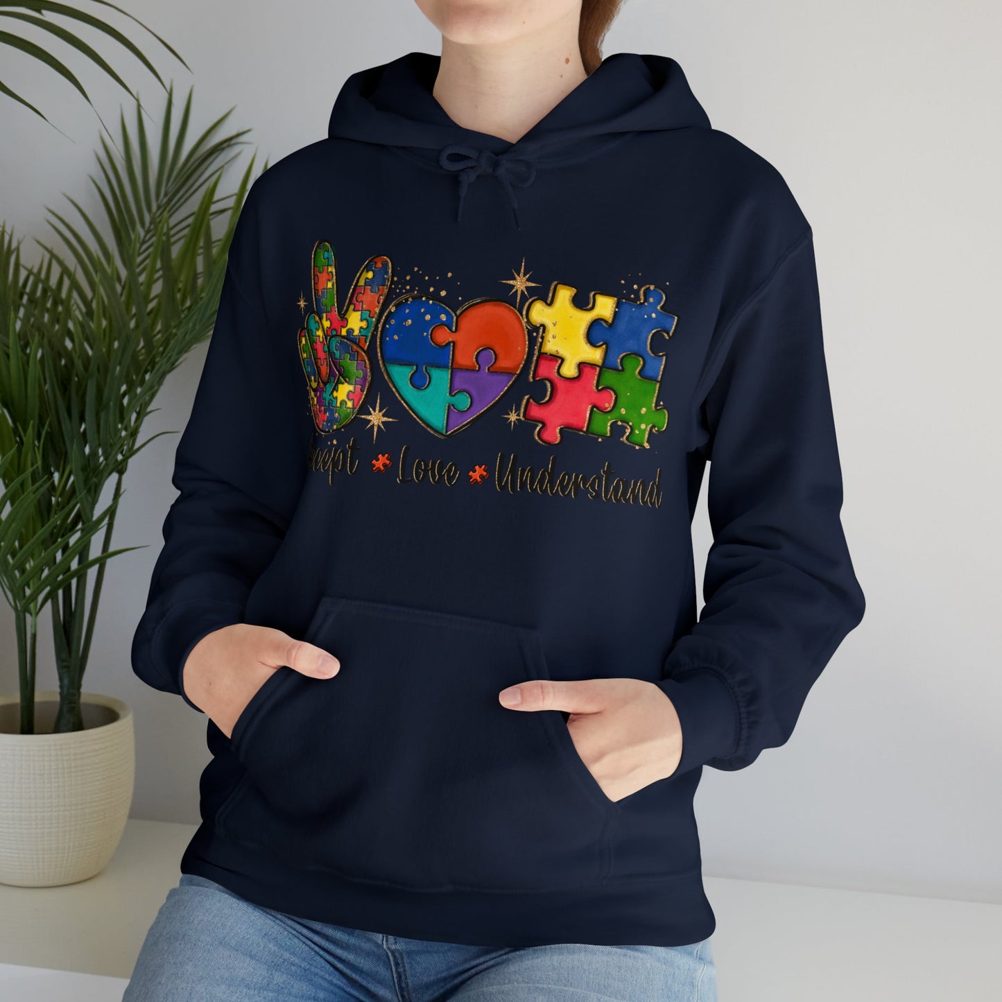 Peace Love Puzzle Hoodie – Inclusion & Advocacy Graphic- Navy / 3XL- Dulce Design Studio