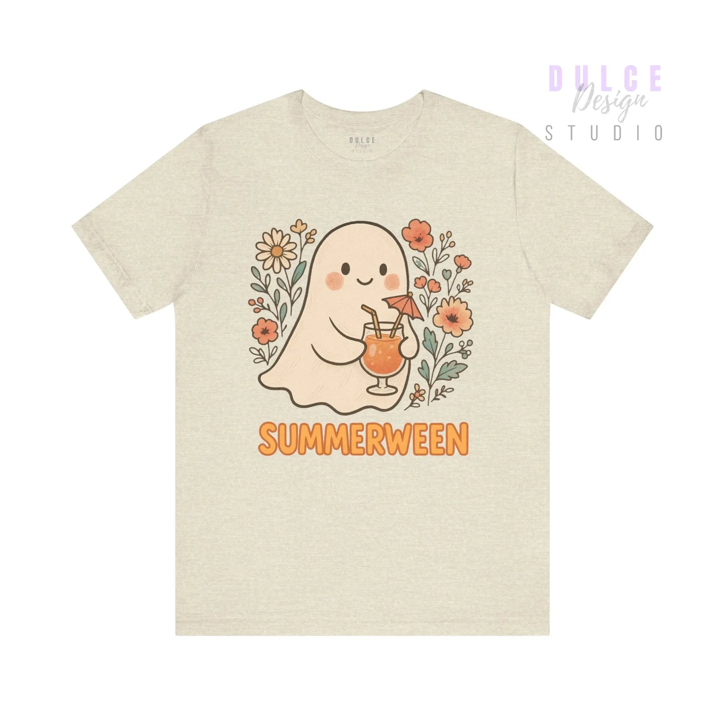 Summerween Ghost T-Shirt – Vintage Style Floral Halloween Tee - Heather Prism Natural / 3XL Dulce Design Studio