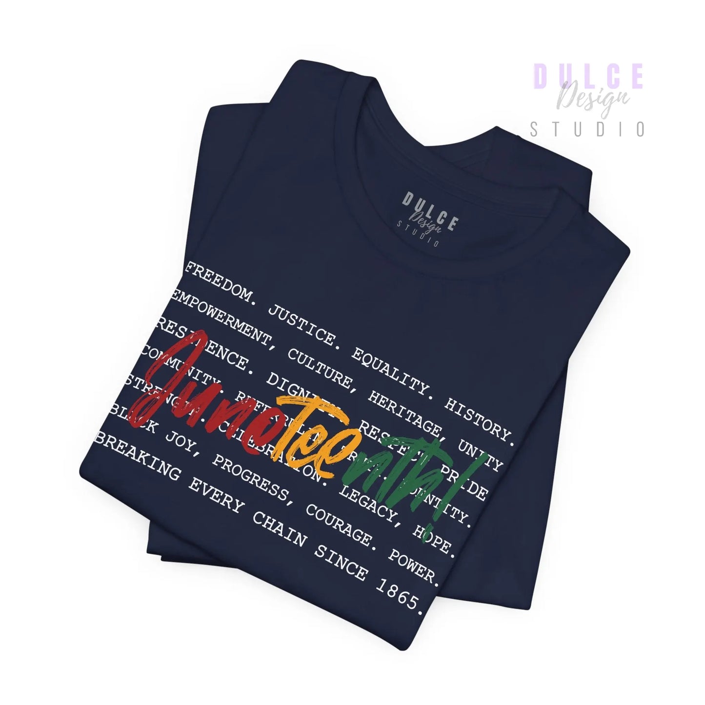 Navy blue t-shirt with colorful text on a white background