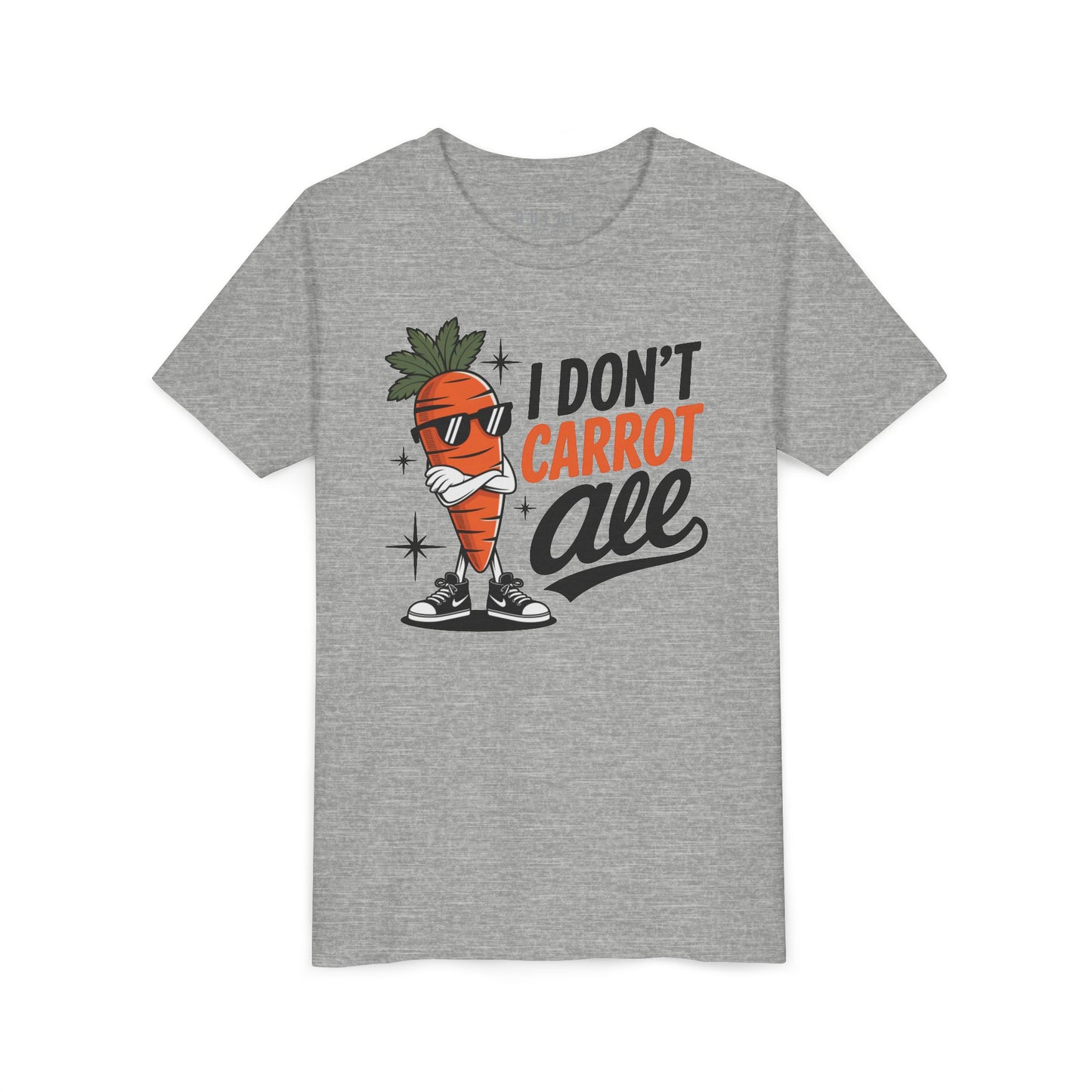 Kids t-shirt with carrot character in sunglasses and text ‘I Don’t Carrot All’ in bold fonts, on athletic heather shirt